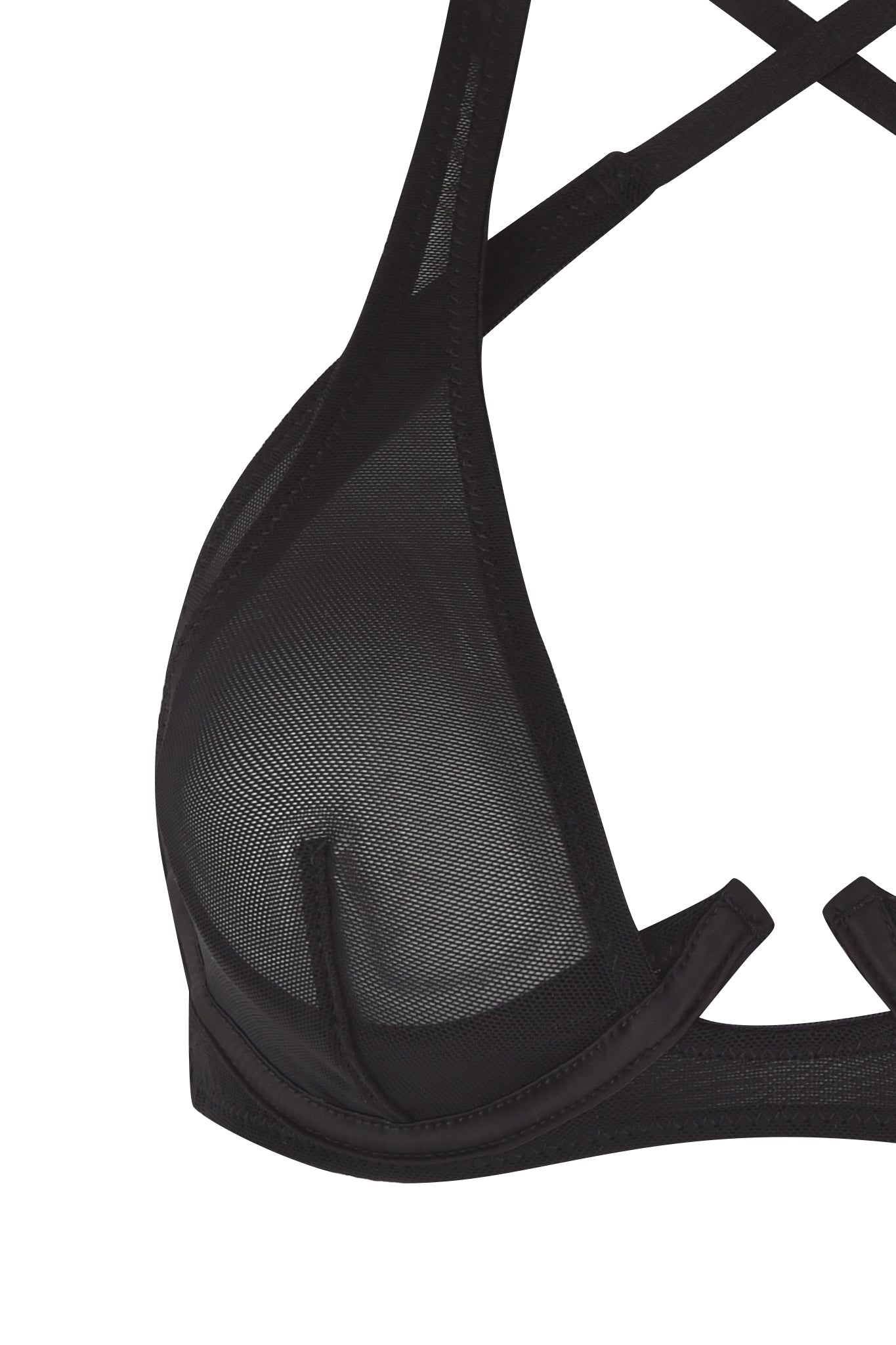 The CLEO 3 PIECE SET - BLACK from I.AM.GIA features a close-up of a black bralette with sheer mesh detailing. This bralette includes a thin band at the bottom and elegant crisscross straps at the back. The semi-transparent mesh fabrication adds a delicate and stylish appearance to the piece.