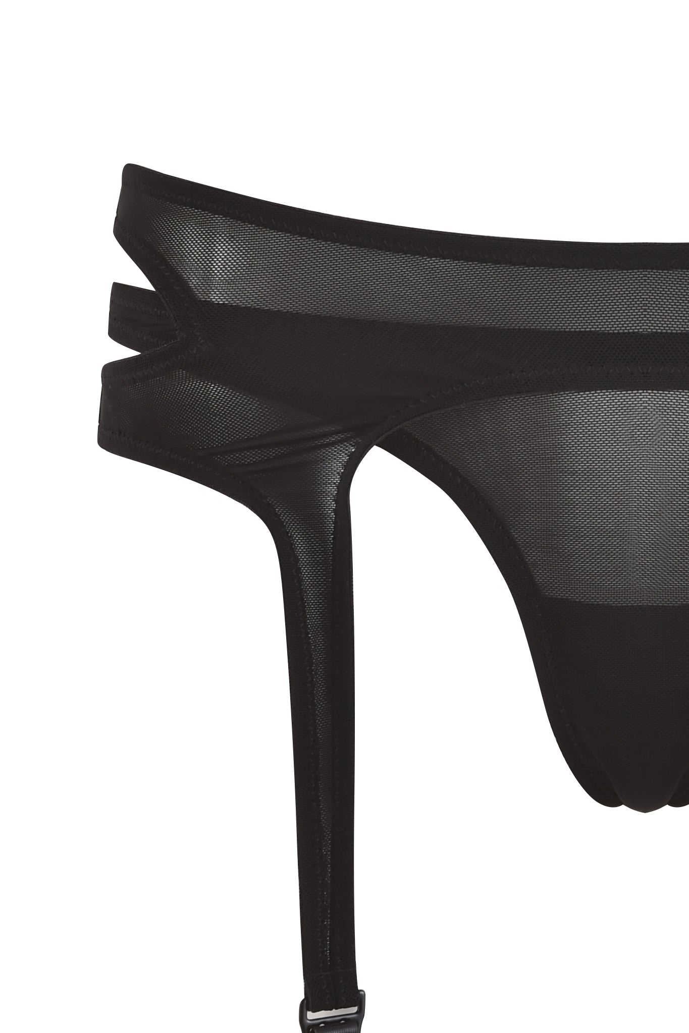 Close-up image of the CLEO 3 PIECE SET - BLACK by I.AM.GIA. The design features sheer mesh fabric with multiple straps forming a cutout pattern along the waistband. The bottom part of the lingerie is not fully visible in the image.