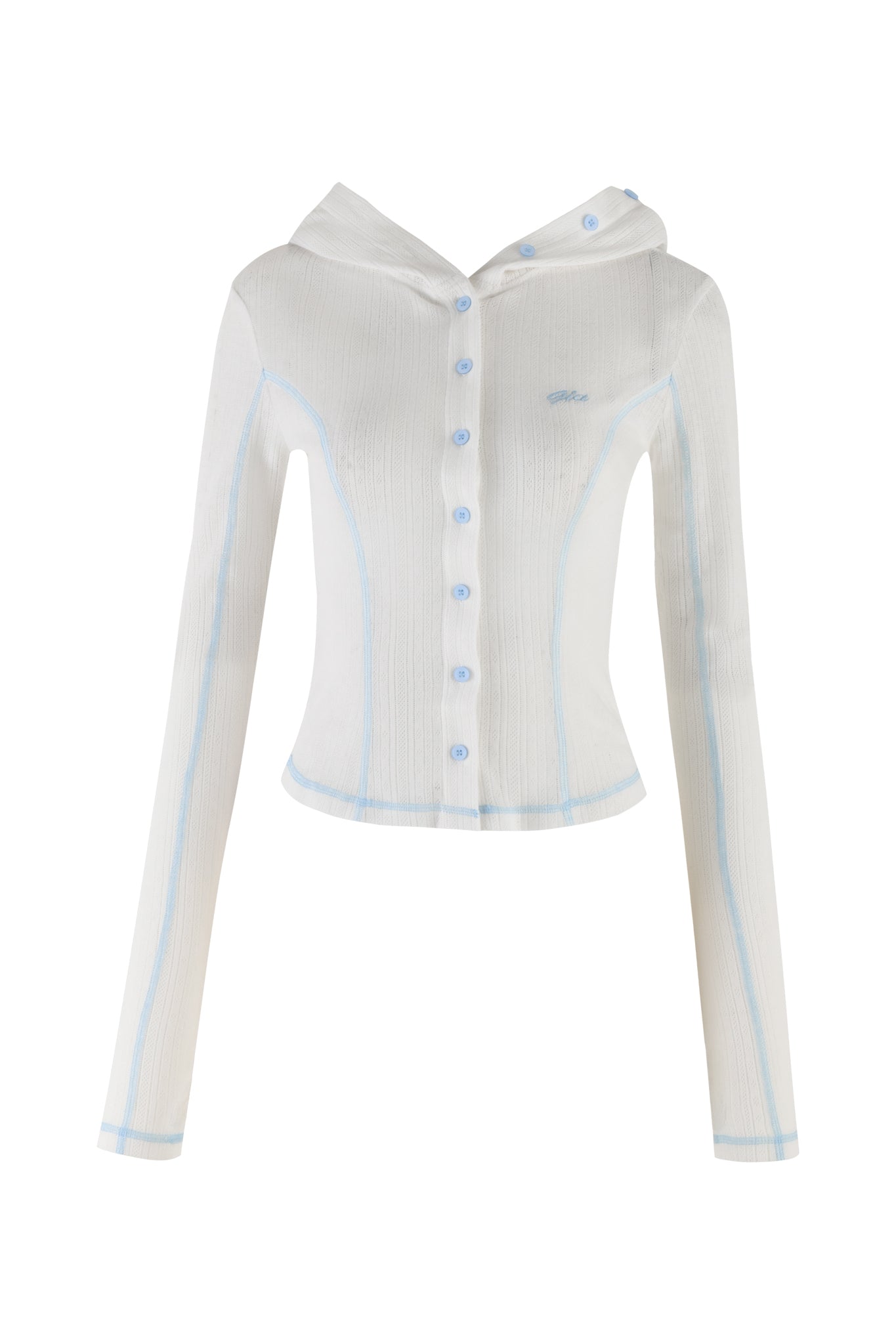 The MIA HOODIE in white by I.AM.GIA is a fitted long-sleeve shirt with a button-down front, light blue stitching accents, and a slight texture. It features custom 'GIA' embroidery and has a hood.