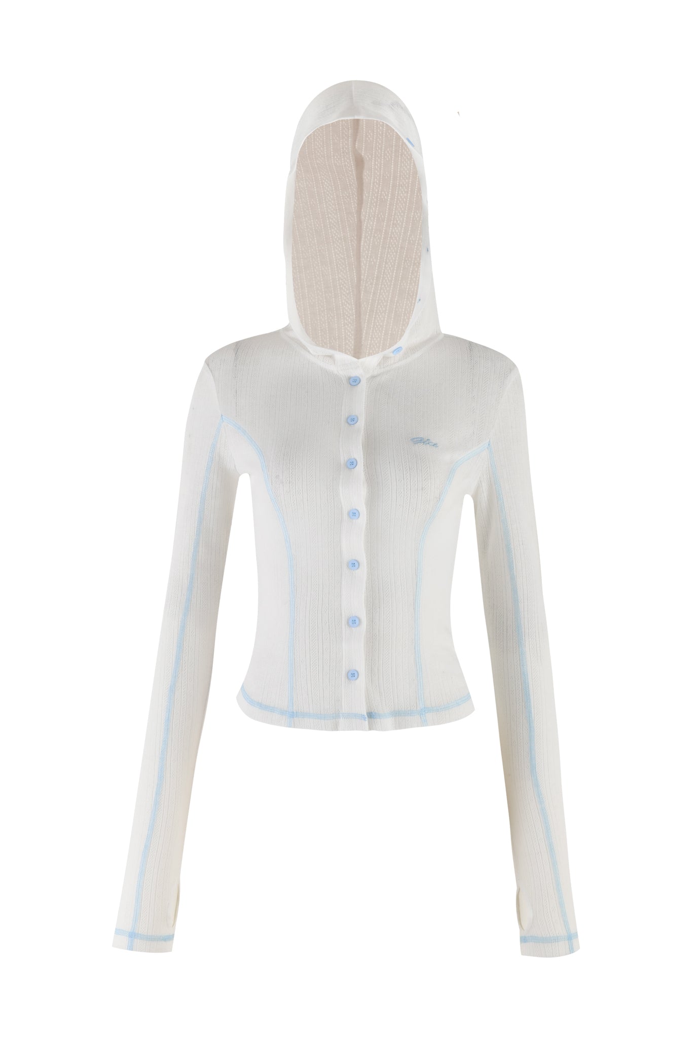The MIA HOODIE - WHITE by I.AM.GIA is a long-sleeve, light-colored hooded cardigan with a button-up front. It features subtle blue stitching along the seams and buttons, accented with custom 'GIA' embroidery that adds a touch of contrast to the garment's simple, elegant design.