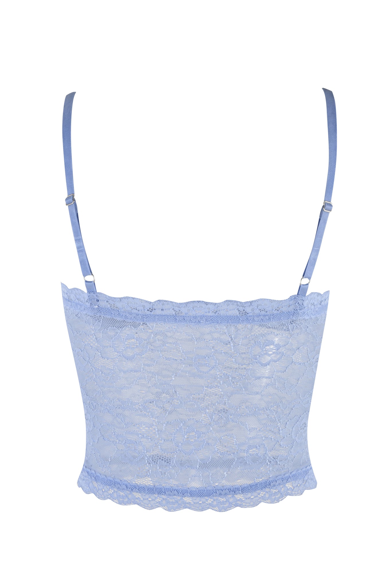 Displayed on a white background is the SERINA TANK - BLUE : LACE by I.AM.GIA, a light blue stretch lace crop top featuring adjustable spaghetti straps, a delicate floral lace pattern, and a scalloped hem at the bottom.