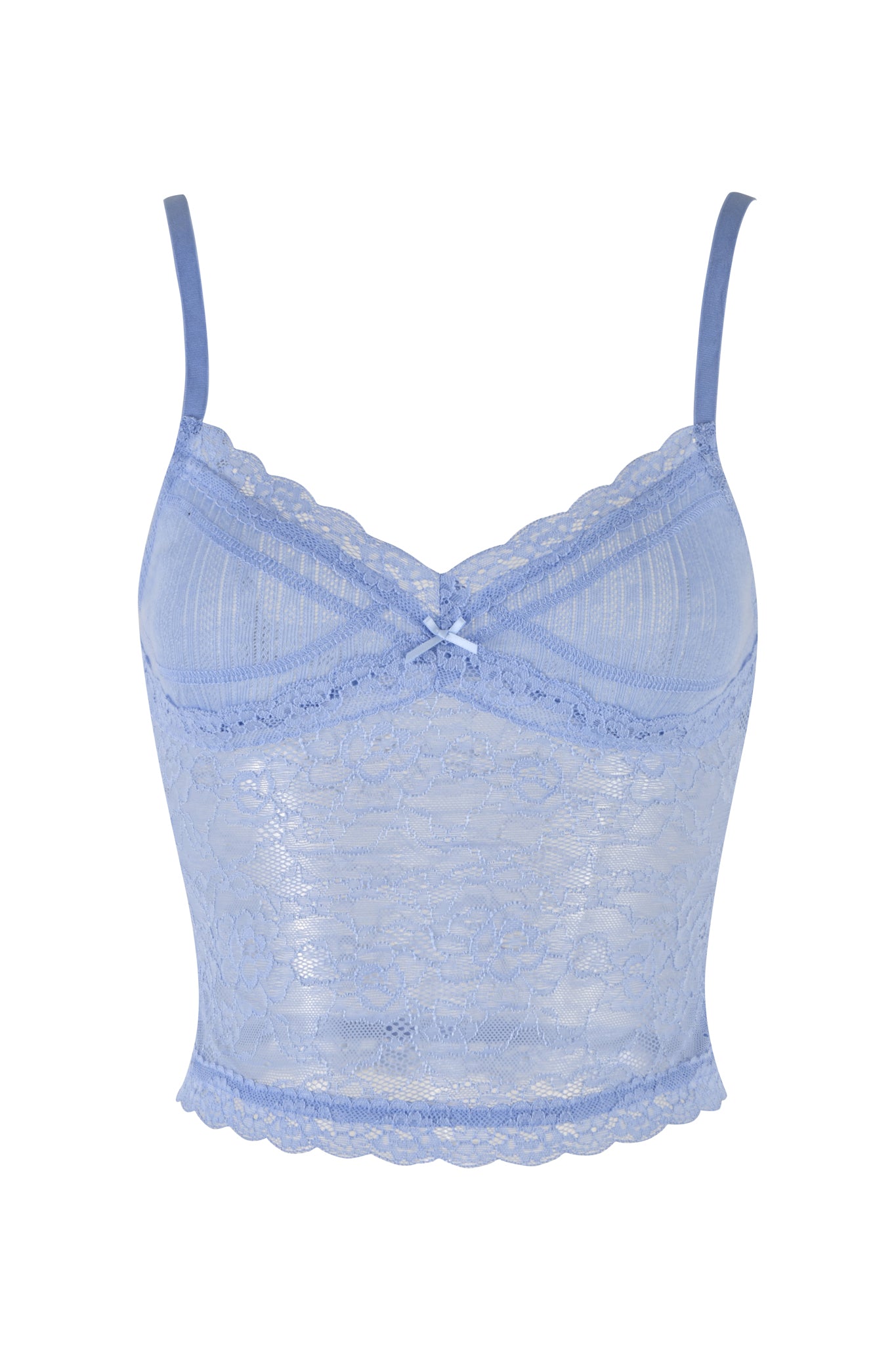 A light blue stretch lace camisole with thin shoulder straps and a small bow in the center of the chest, featuring semi-transparent fabric adorned with floral lace patterns and a scalloped hem. This I.AM.GIA Serina Tank thoughtfully evokes a bodycon silhouette, enhancing its delicate charm.