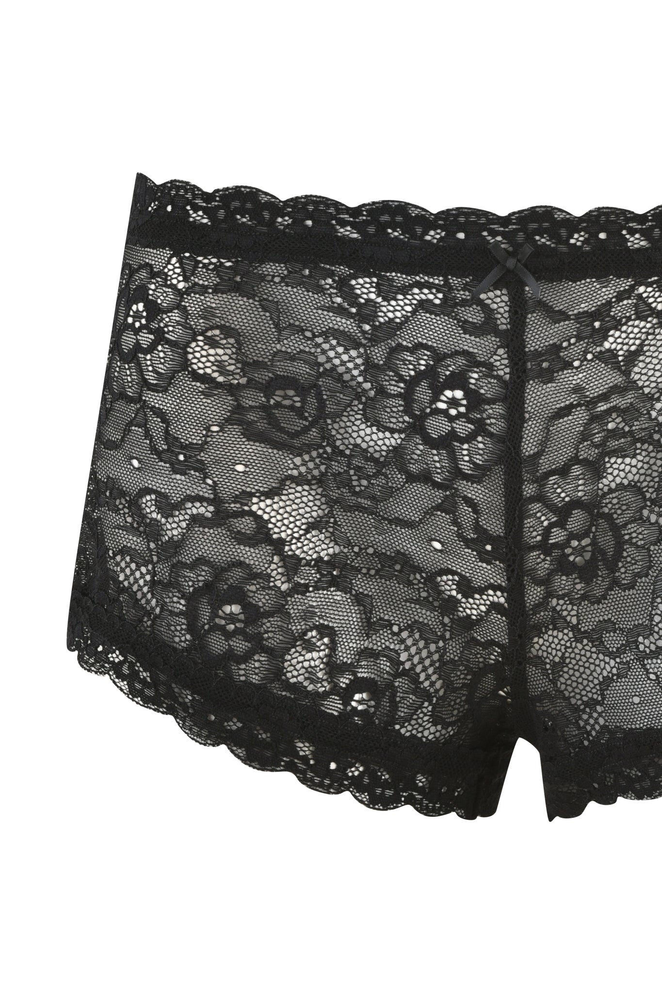 The SERINA SHORT - BLACK by I.AM.GIA offers women's underwear with black lace, a floral pattern, and scalloped edges in a low-rise waist design. A small decorative bow graces the waistband, adding an elegant touch to this stylish piece.
