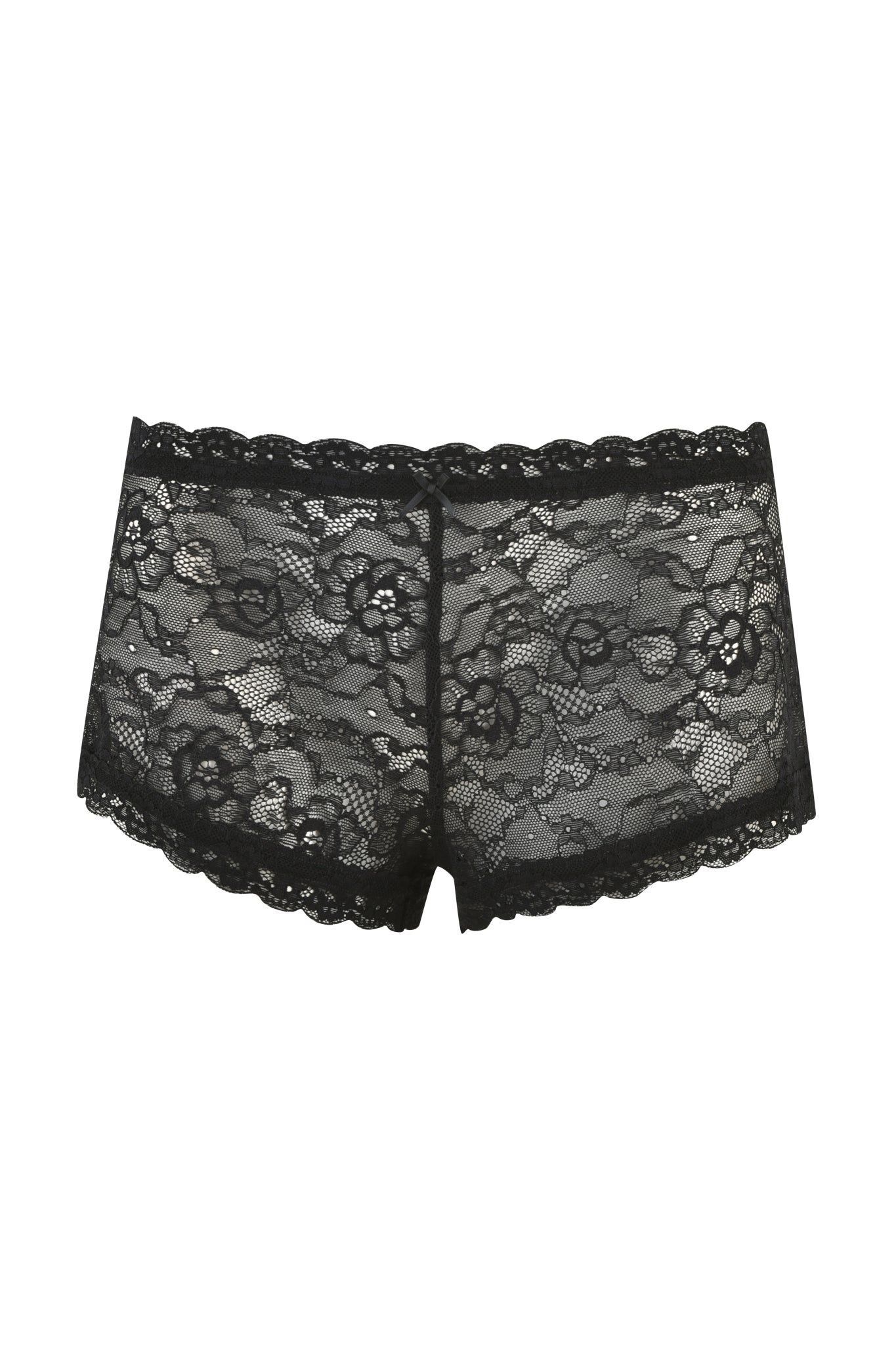 The SERINA SHORT - BLACK from I.AM.GIA features black lace boyshorts with a low-rise waist and a floral pattern. The design includes delicate scalloped edges along the waistband and leg openings, creating an elegant bodycon silhouette.