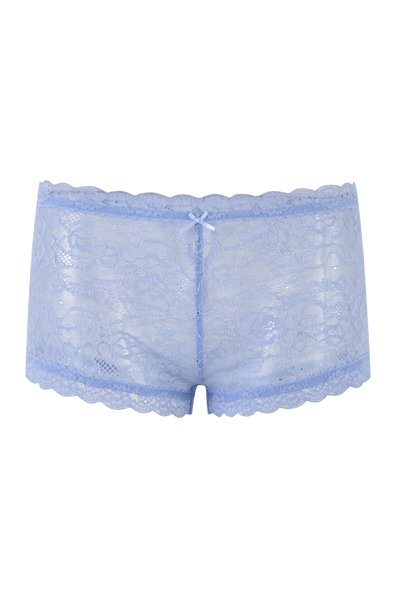 The SERINA SHORT - BLUE : LACE panties by I.AM.GIA are light blue boyshorts with a low-rise waist and scalloped trim, featuring a small decorative bow at the front. These panties are made from stretch lace with a delicate floral pattern, providing both a comfortable fit and an elegant touch.