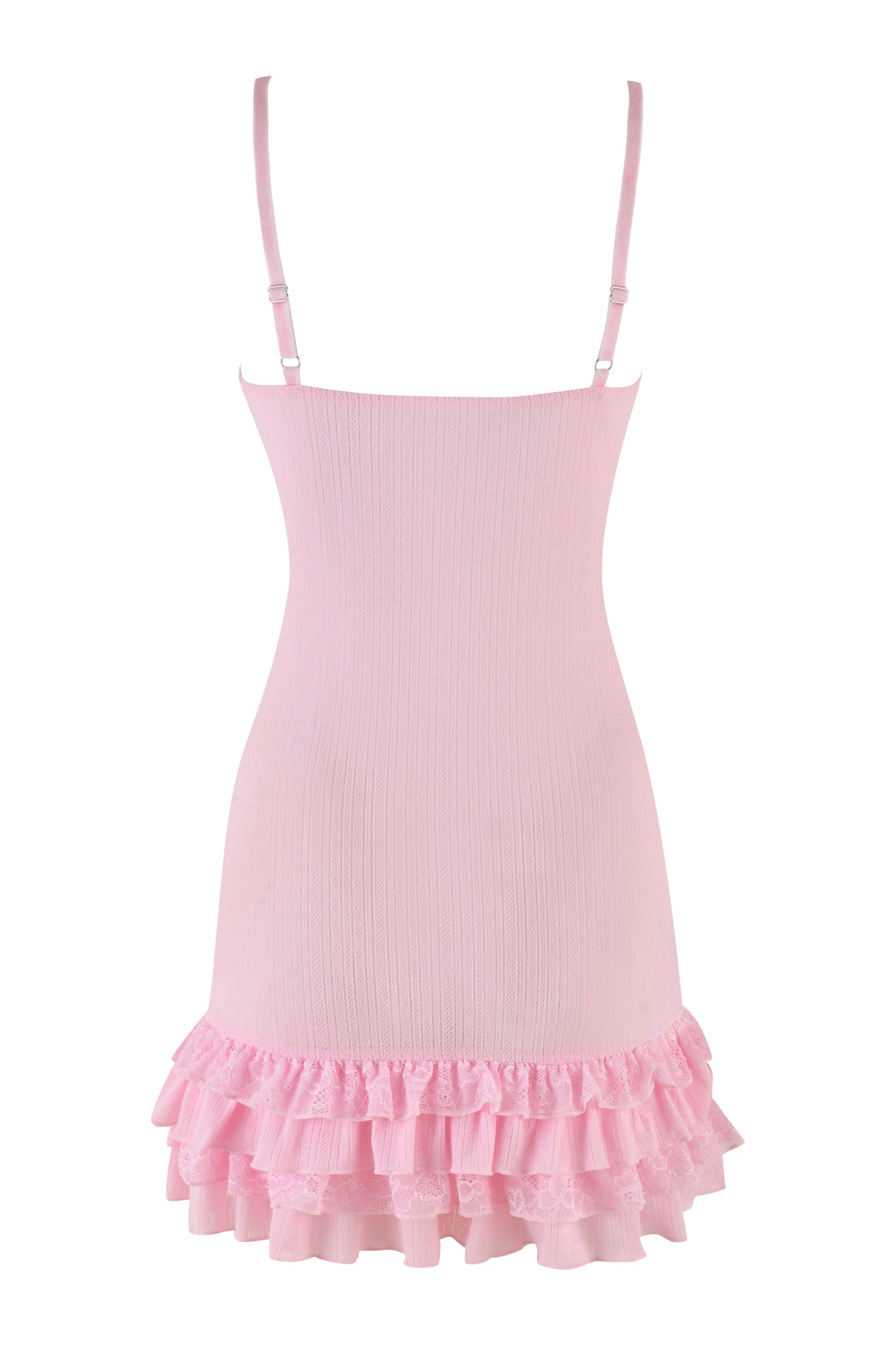 The MIRABELLE DRESS - PINK : LACE by I.AM.GIA is a pink, sleeveless dress with adjustable spaghetti straps. This ribbed and fitted dress features a tiered, ruffled hemline trimmed with lace. Displayed on a white background, it is shown from the back.
