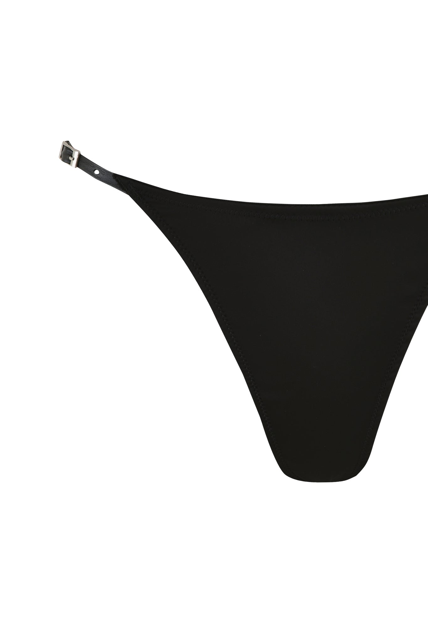 The SATINE 2 PIECE SET - BLACK by I.AM.GIA includes a bikini bottom with a high-cut design, featuring thin adjustable straps on the sides with a small buckle detail that subtly evokes the look of a bustier set. The fabric has a smooth and seamless appearance against the white background.