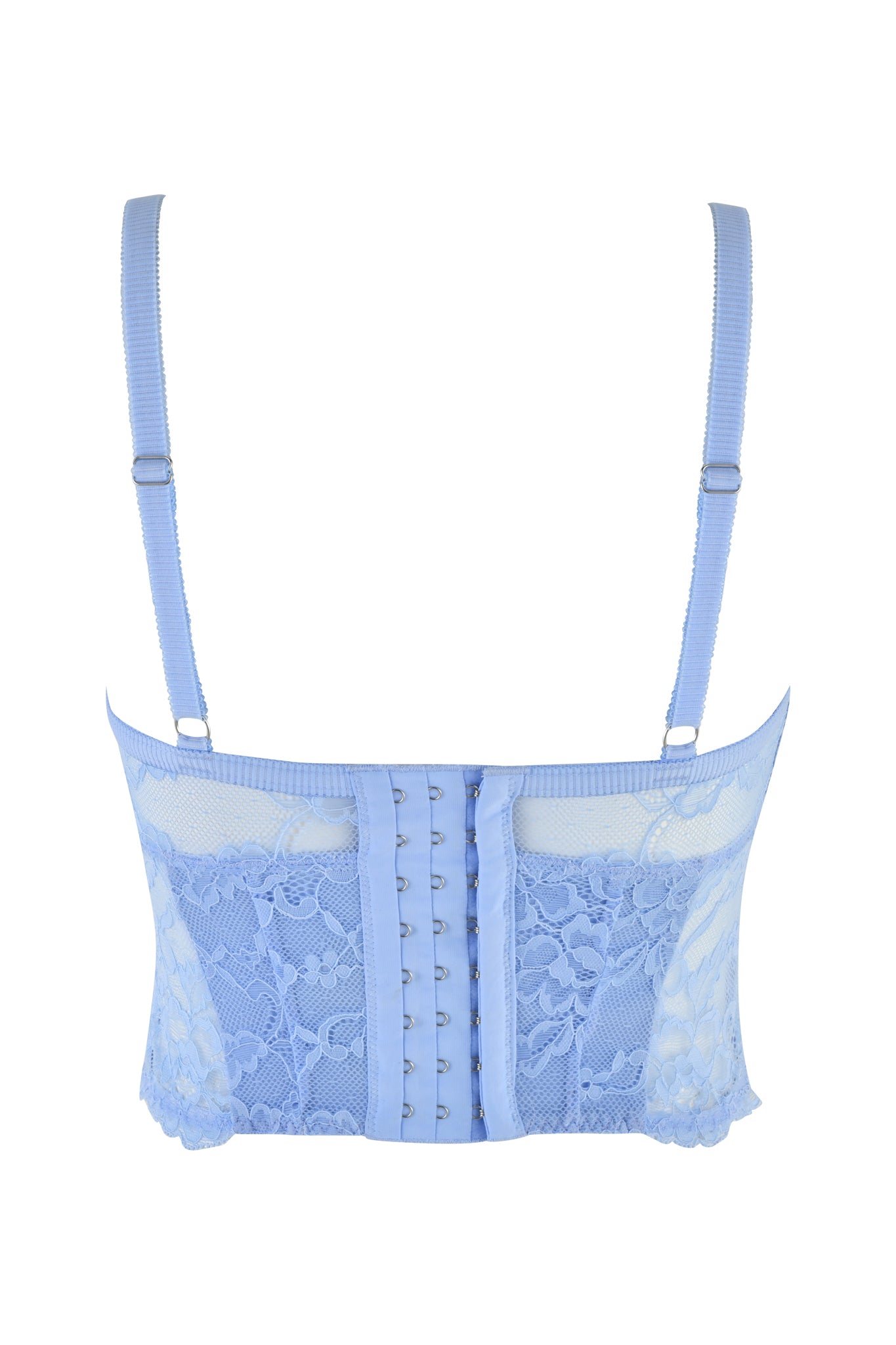 The CALLISTA BUSTIER - BLUE from I.AM.GIA is seen from the back, displaying a light blue lace design with adjustable shoulder straps and detailed floral lace trims. The back is equipped with a hook-and-eye closure, while the sheer fabric highlights its delicate design elements.