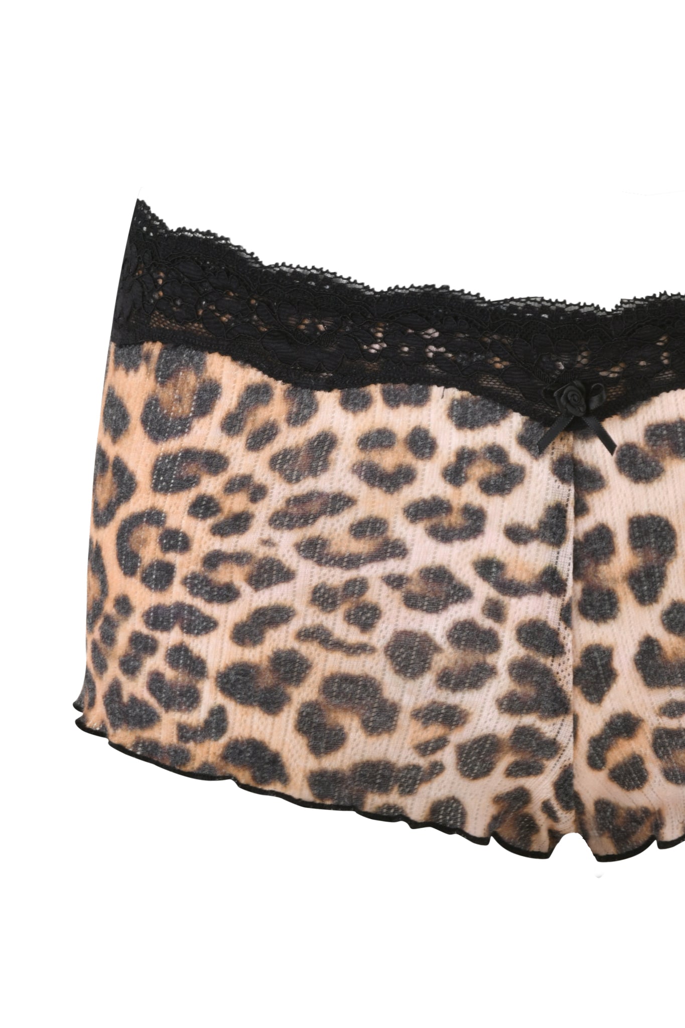 An image of I.AM.GIA's CASSIA SHORT - NEUTRAL : LEOPARD, women's sleep shorts with a custom leopard print pattern. The shorts feature a black lace waistband and a decorative small black button in the center. The fabric has a ribbed texture, reminiscent of pointelle knits, giving it a soft and cozy appearance.
