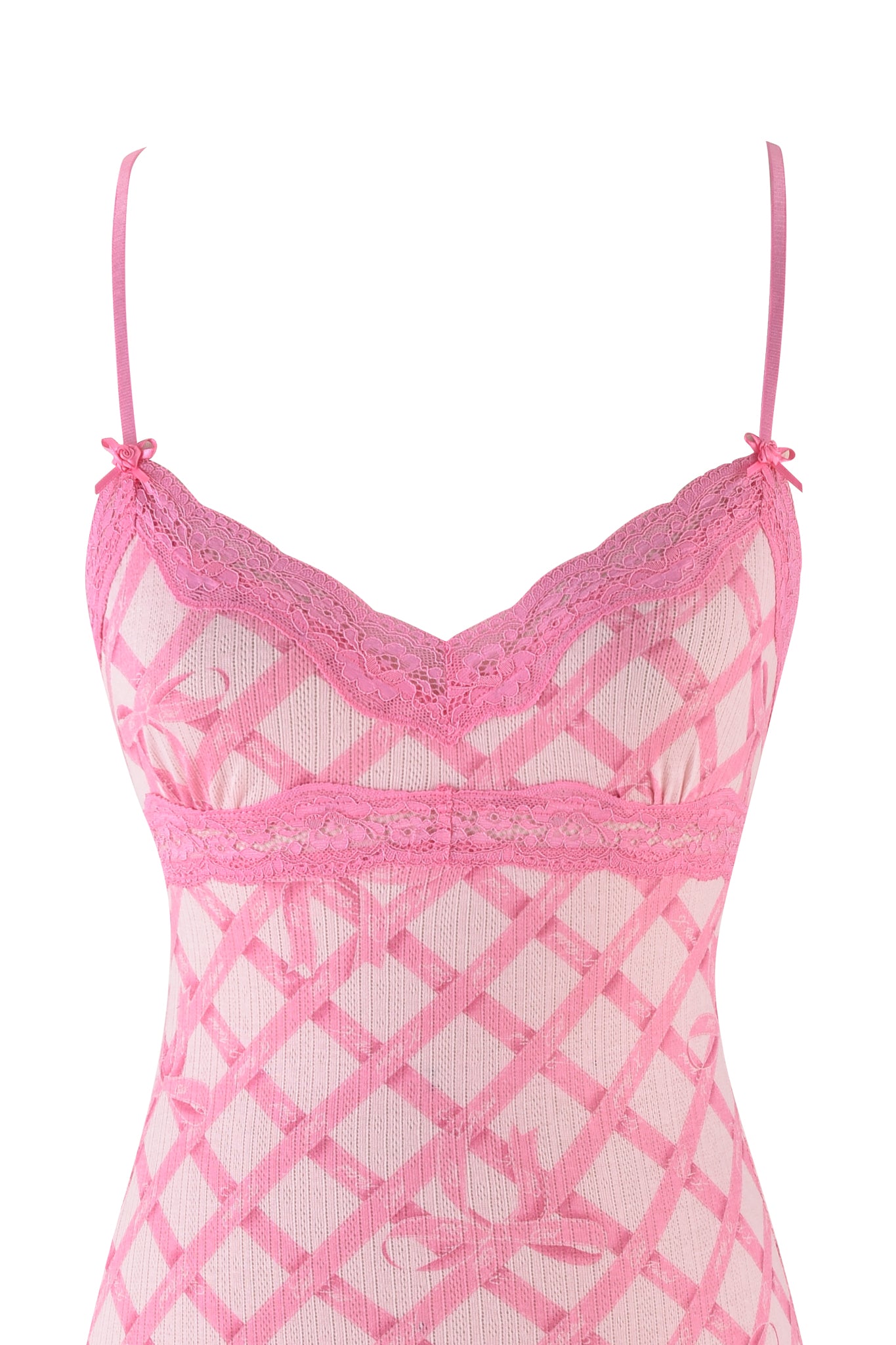 The CASSIA SLIP DRESS - PINK from I.AM.GIA features thin spaghetti straps, a checkered pattern resembling pink wrapping paper, and lace with floral detailing along the neckline for an exquisite touch.