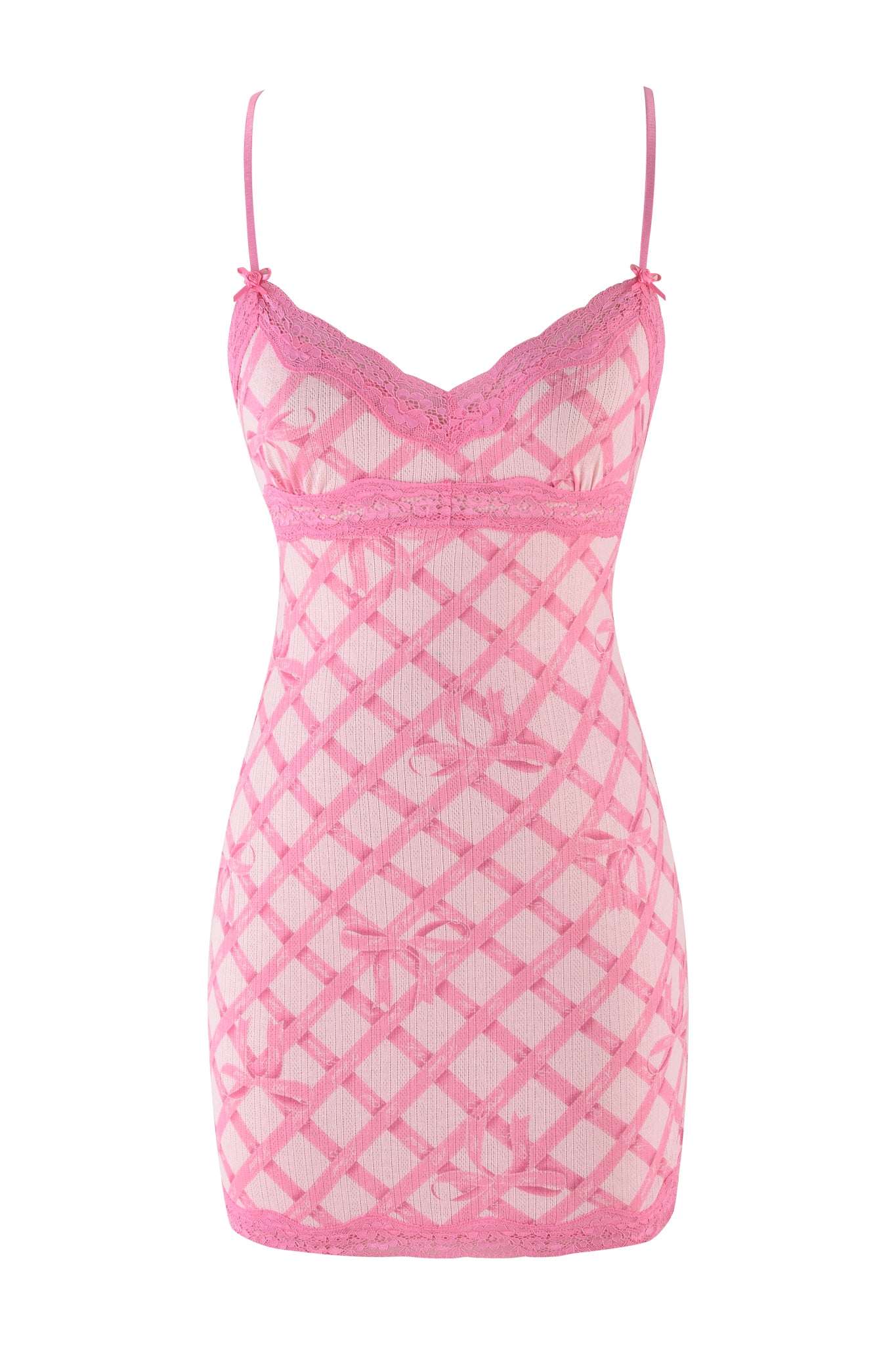 The I.AM.GIA Cassia Slip Dress in pink features a digital checkered pattern with spaghetti straps and bodycon fit, accented by floral lace details along the neckline and hem, evoking delicate pink wrapping paper.