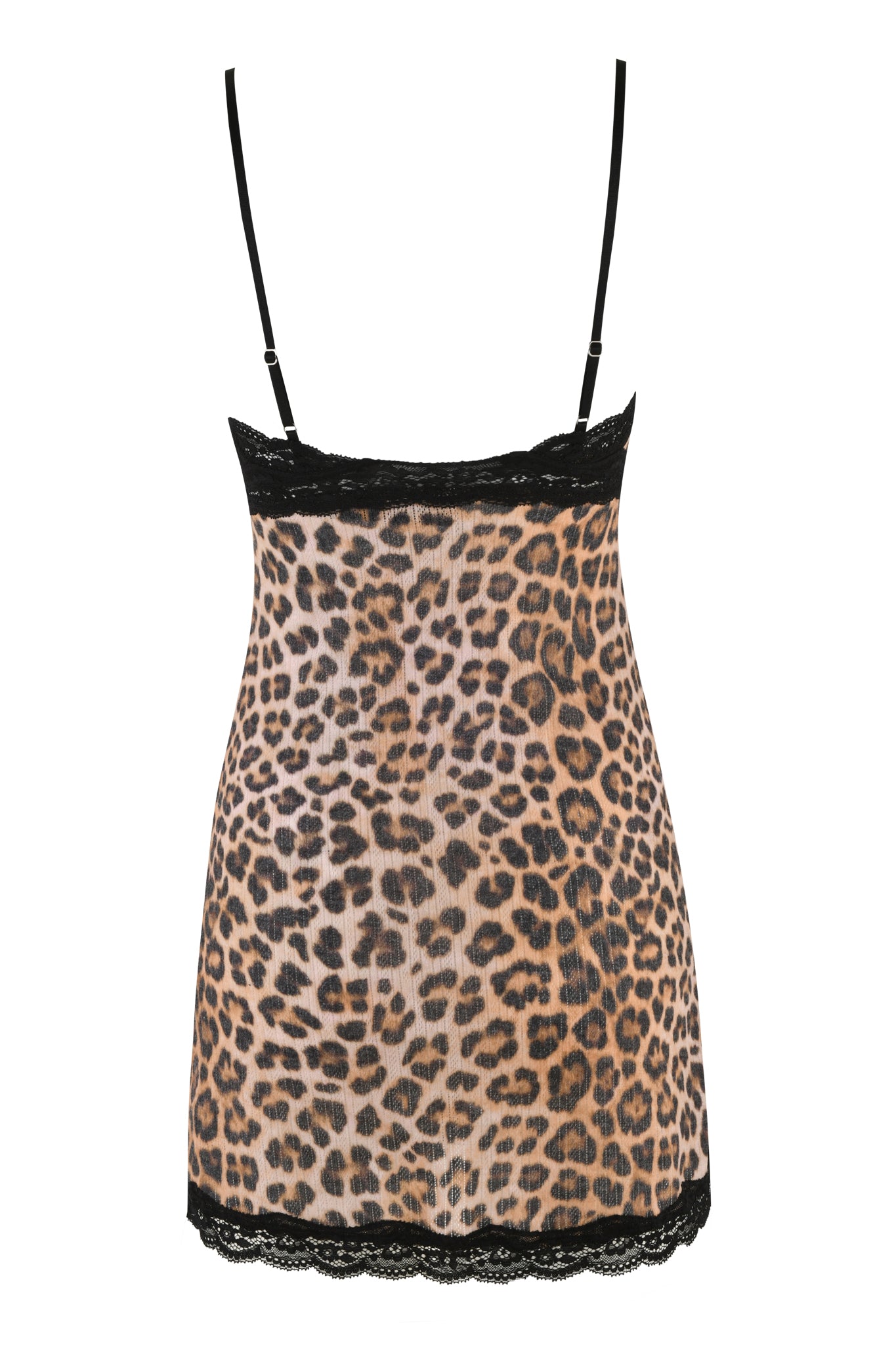 The CASSIA SLIP DRESS - NEUTRAL : LEOPARD by I.AM.GIA features a custom leopard print with thin black spaghetti straps and lace trim along both the top and bottom hems. This dress has a bodycon silhouette, flaunting a striking all-over leopard pattern on translucent fabric.