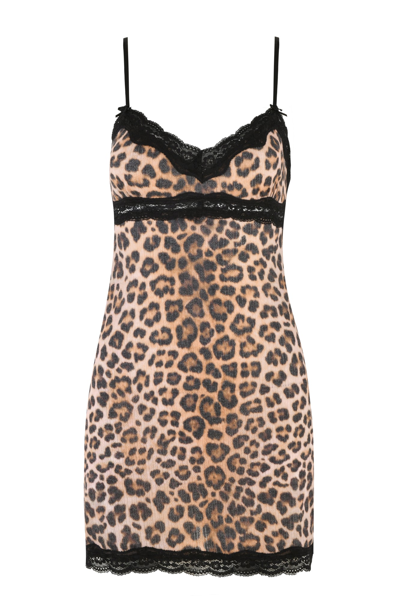The CASSIA SLIP DRESS - NEUTRAL : LEOPARD by I.AM.GIA is a custom mini dress with spaghetti straps, featuring a bodycon silhouette and sheer material. The leopard print design is complemented by black lace trim at the bust and hem, adding delicate detailing to the overall look.
