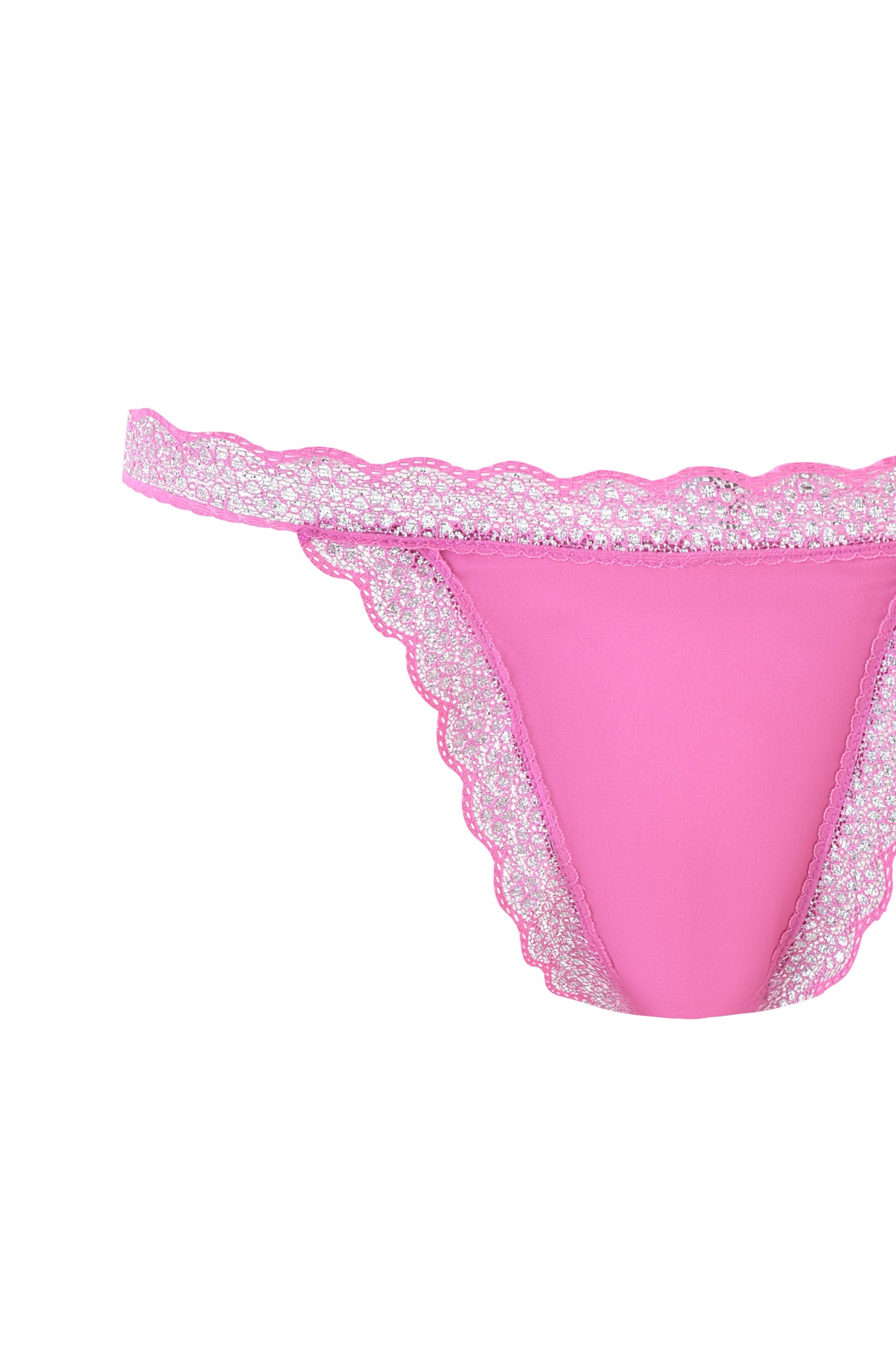 The LOLO METALLIC SET - MAGENTA by I.AM.GIA features a low-rise thong with magenta metallic lace and glitter trim, soft fabric, and intricate lace edging on the waistband and leg openings, exuding a delicate and feminine look focused on the lower half.