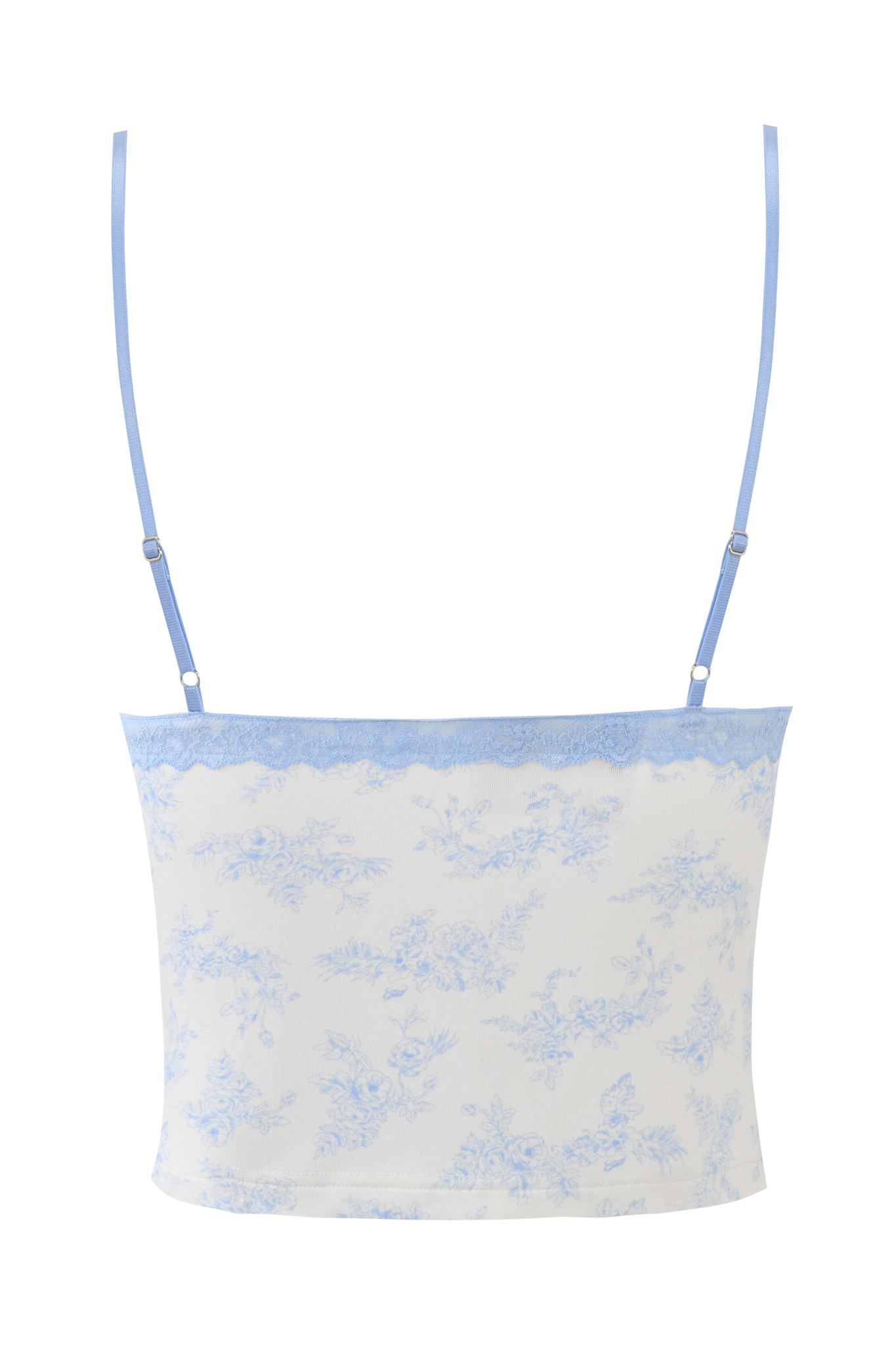 The KENDRA TANK - BLUE TOILE by I.AM.GIA is a sleeveless white camisole with adjustable straps, a straight neckline, and a light blue toile floral print for an effortlessly chic look.