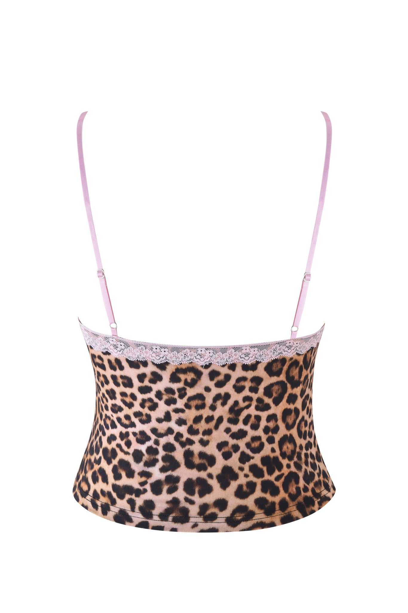 The KENDRA TANK - NEUTRAL: LEOPARD by I.AM.GIA features a back view with a leopard print, pink adjustable shoulder straps, and delicate lace trim along the top edge.