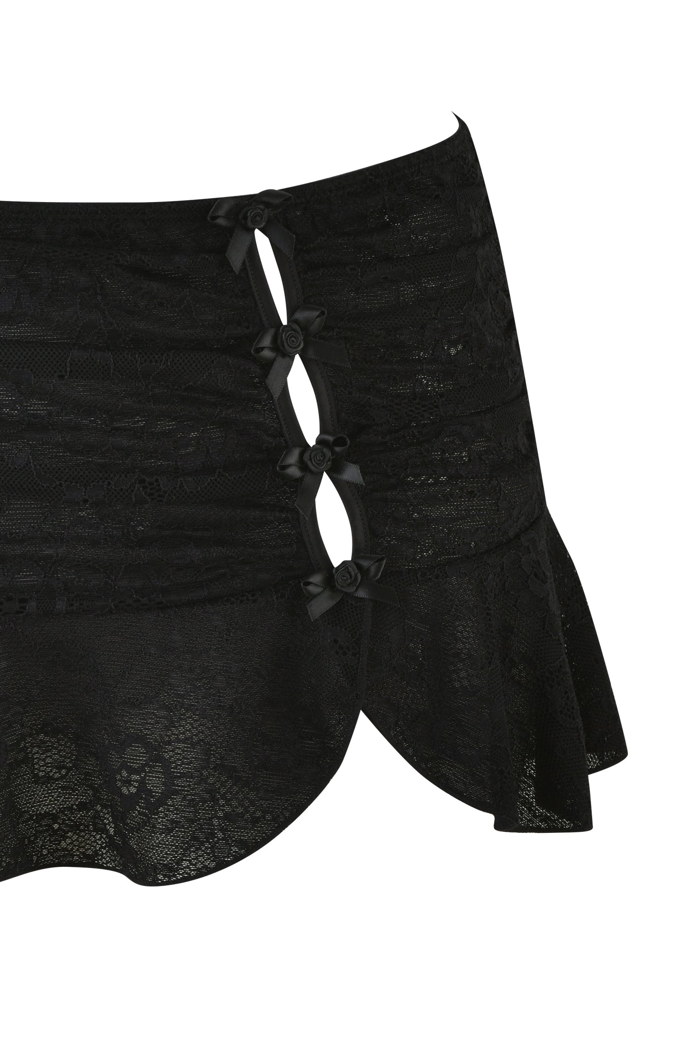 A black micro mini skirt with a layered floral lace design, slightly flared hem, and front decorative bows. Part of the ANNA BUSTIER SET by I.AM.GIA.