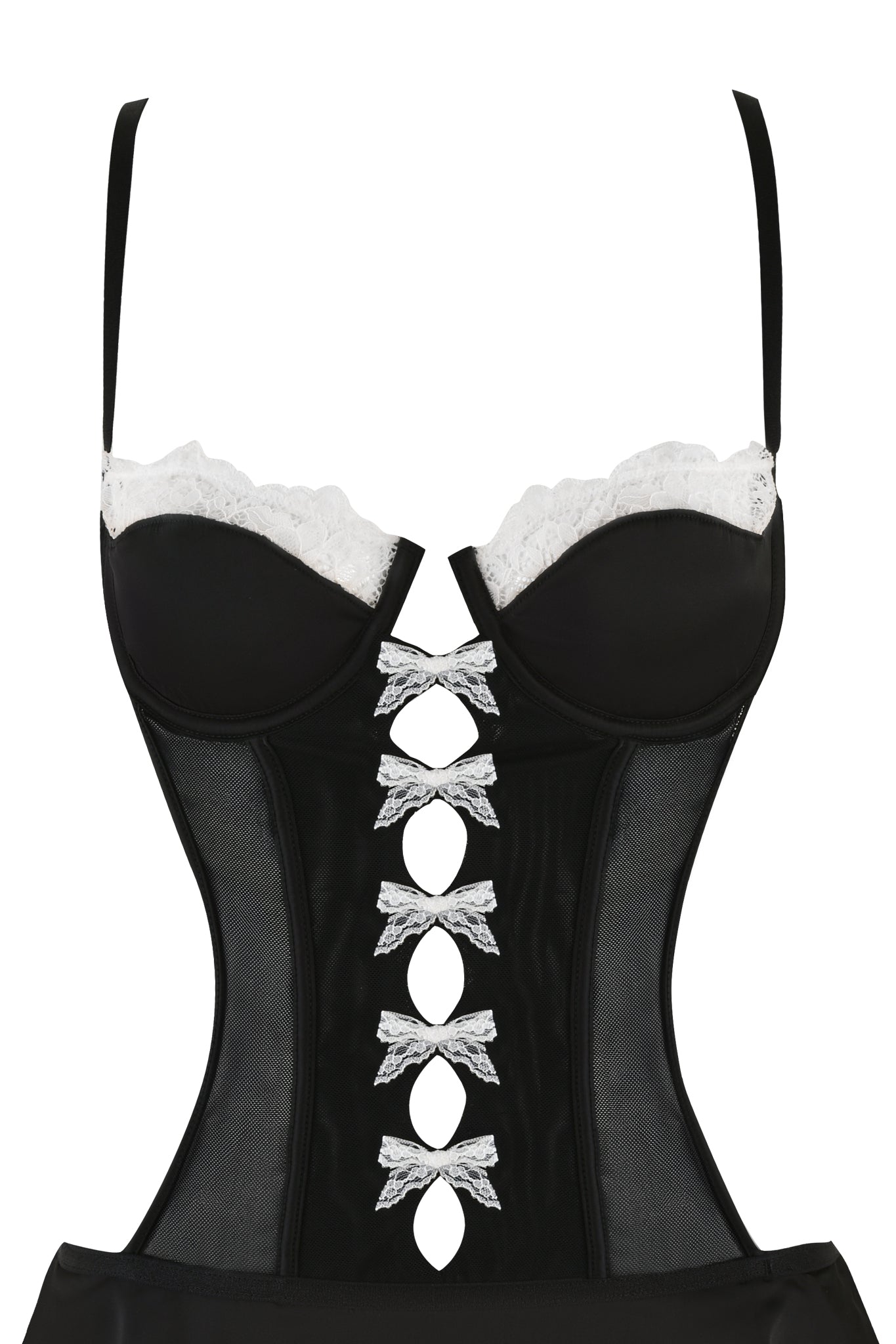 The JULIETTE SLIP DRESS - BLACK by I.AM.GIA showcases a sleek black design with delicate shoulder straps. The top of the cups is elegantly lined with white lace, and four silver bows are stylishly arranged along the center. The semi-transparent mesh bodice, featuring cut-out details between each bow, enhances its seductive allure.