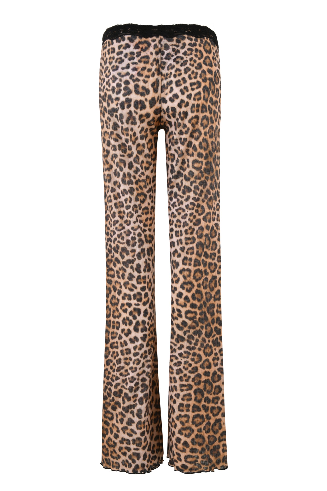 Back view of the CASSIA PANT - NEUTRAL : LEOPARD from I.AM.GIA, featuring a loose-fitting, slightly flared leg cut. The fabric showcases bold, detailed leopard spots, and the waistband is enhanced with elegant black lace trims, adding a touch of sophistication to the wild design.