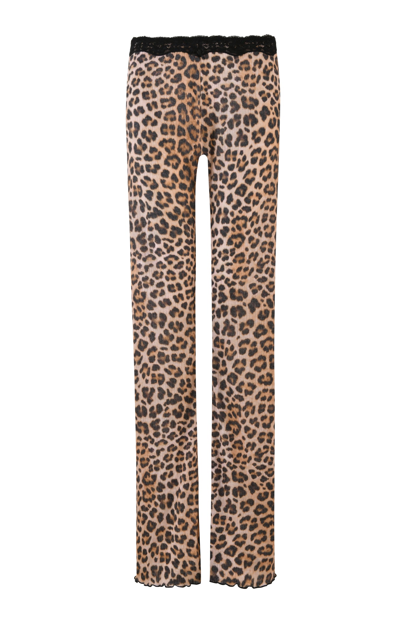 A pair of I.AM.GIA CASSIA PANT - NEUTRAL : LEOPARD with a straight-leg silhouette, featuring an elastic waistband adorned with delicate lace trims and crafted from soft, slightly sheer fabric.