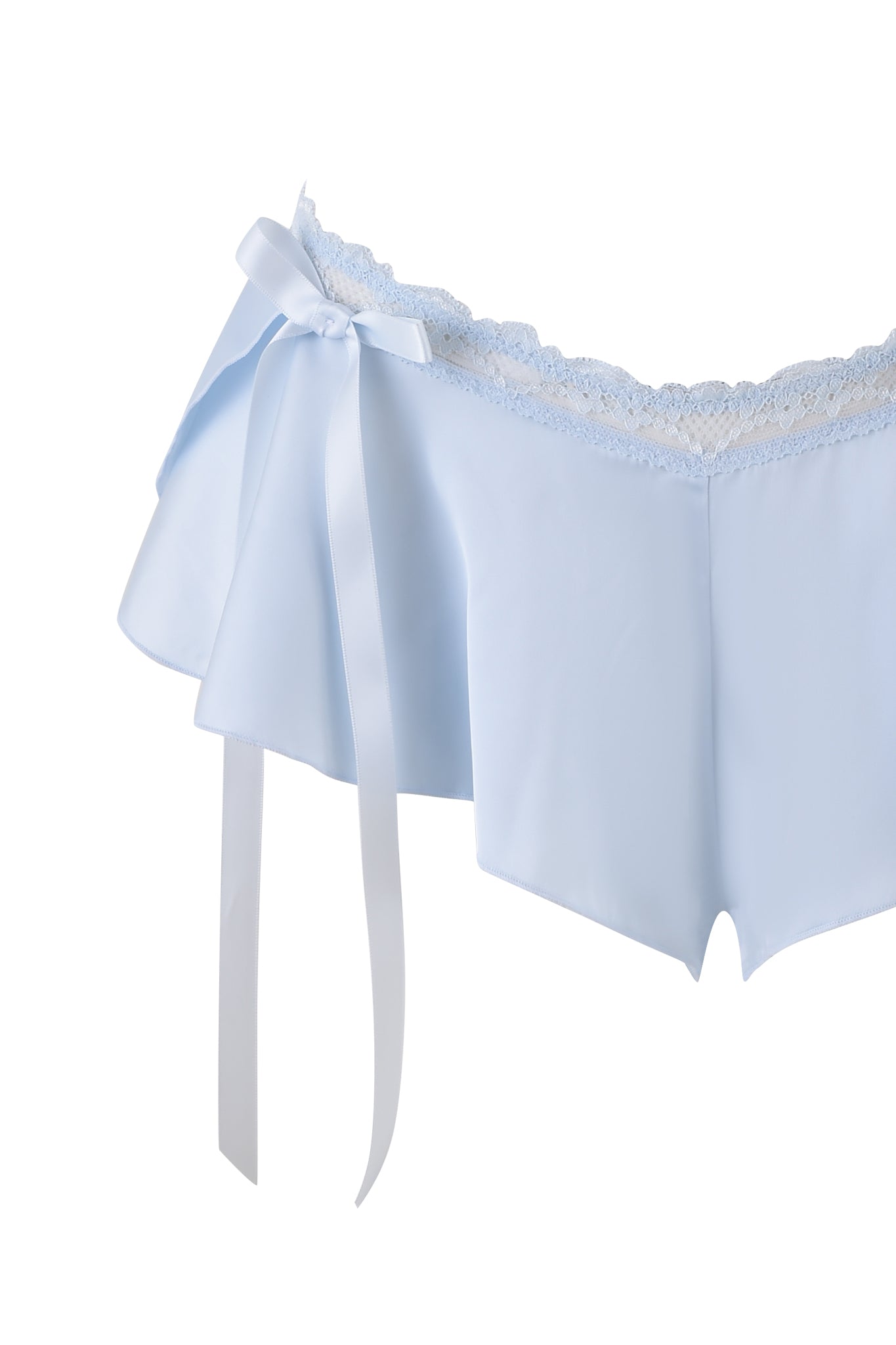 The BRIDGET BUSTIER SHORT SET - BLUE by I.AM.GIA includes light blue satin underwear with stretch lace trims and a decorative bow for an elegant allure.