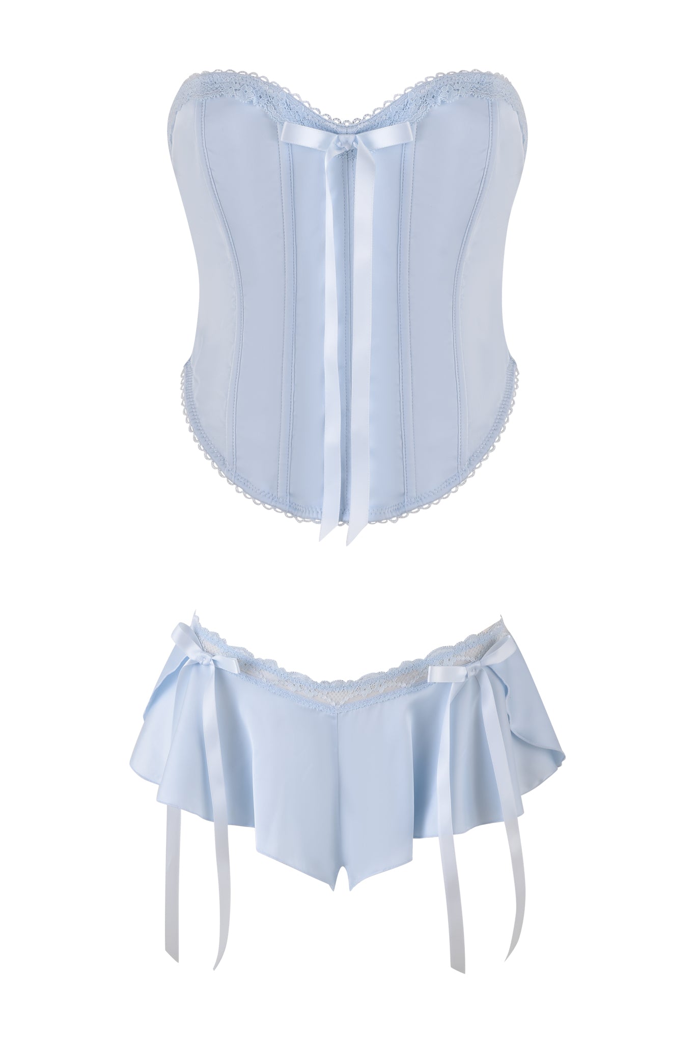 The BRIDGET BUSTIER SHORT SET - BLUE by I.AM.GIA features a vintage-inspired bustier with stretch lace trims and ribbon detailing, paired with a matching skirt that has a lacy waistband and ribbon accents, all set against a white background.