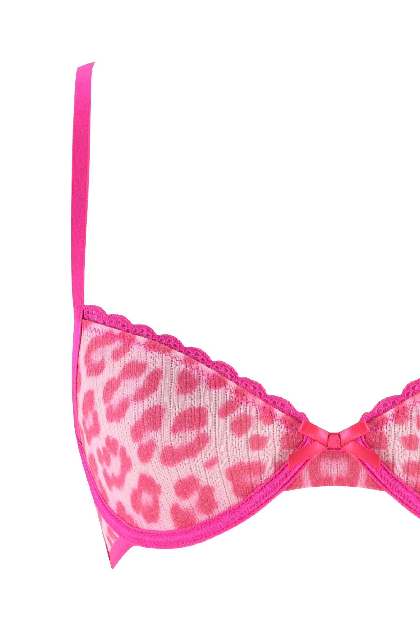 The SKYE SET 2.0 - PINK : PINK LEOPARD from I.AM.GIA features a pink leopard print bra adorned with delicate pink lace trim and straps, complete with a charming bow in the center.