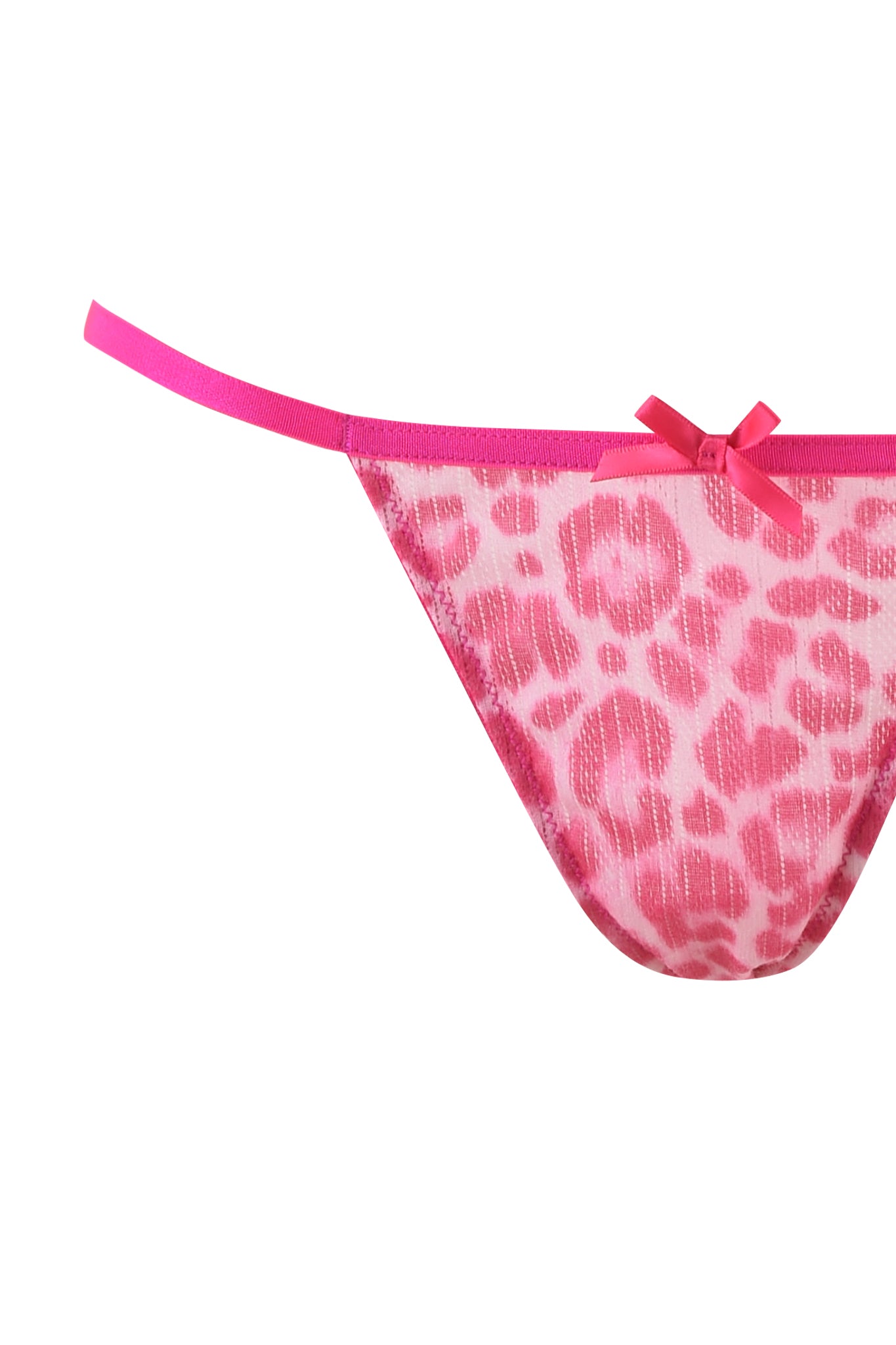 A pair of pink leopard print panties from the SKYE SET 2.0 - PINK : PINK LEOPARD by I.AM.GIA, showcasing thin straps and a delicate bow at the front. The design features dark pink spots on a lighter backdrop, seamlessly combining style and comfort.