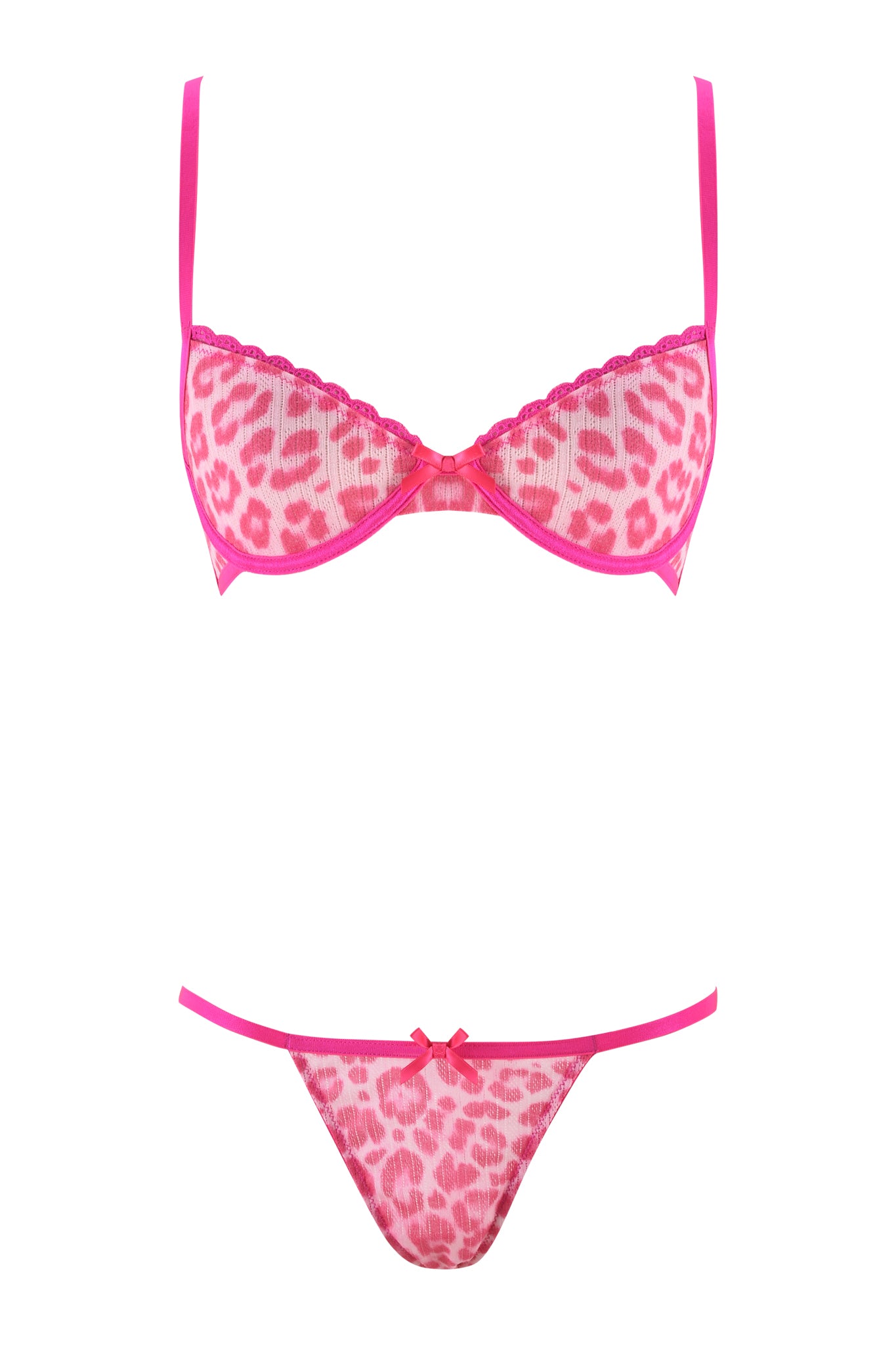The I.AM.GIA SKYE SET 2.0 - PINK : PINK LEOPARD is a stunning bra and panty combination that features a pink and leopard print design. The bra includes underwire support with sheer fabric and pink straps, while the matching panties are embellished with a small bow accent and pink trim.