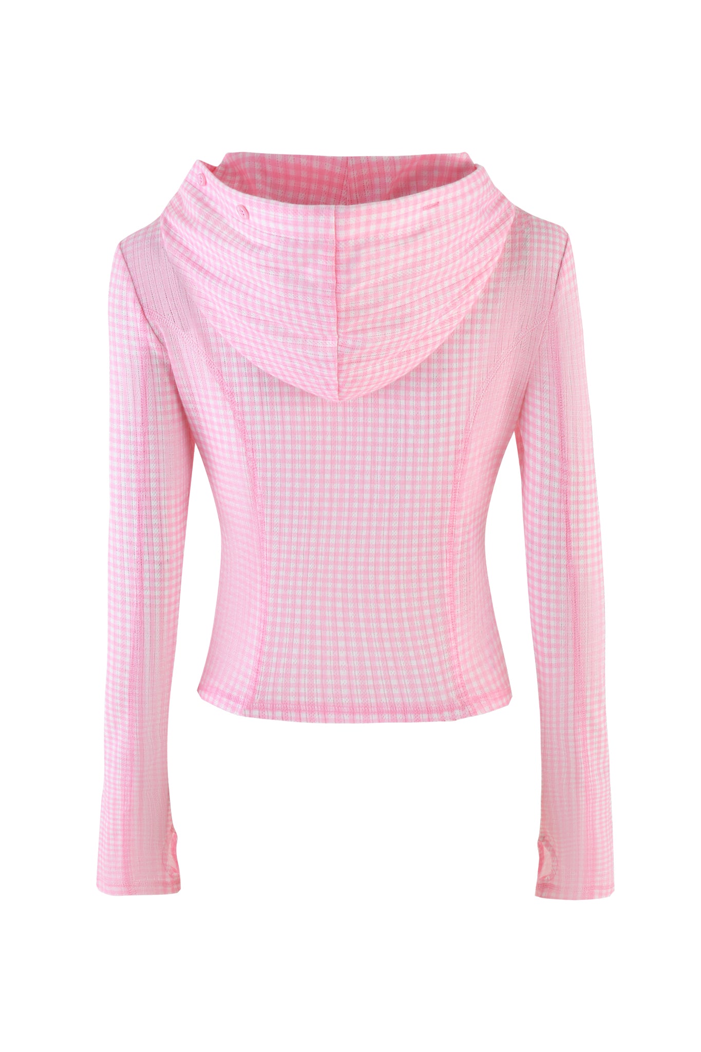 The MIA HOODIE from I.AM.GIA in pink gingham is a chic, long-sleeve, hooded top with a checkered pattern and cropped fit, beautifully shown with a white backdrop from the back.