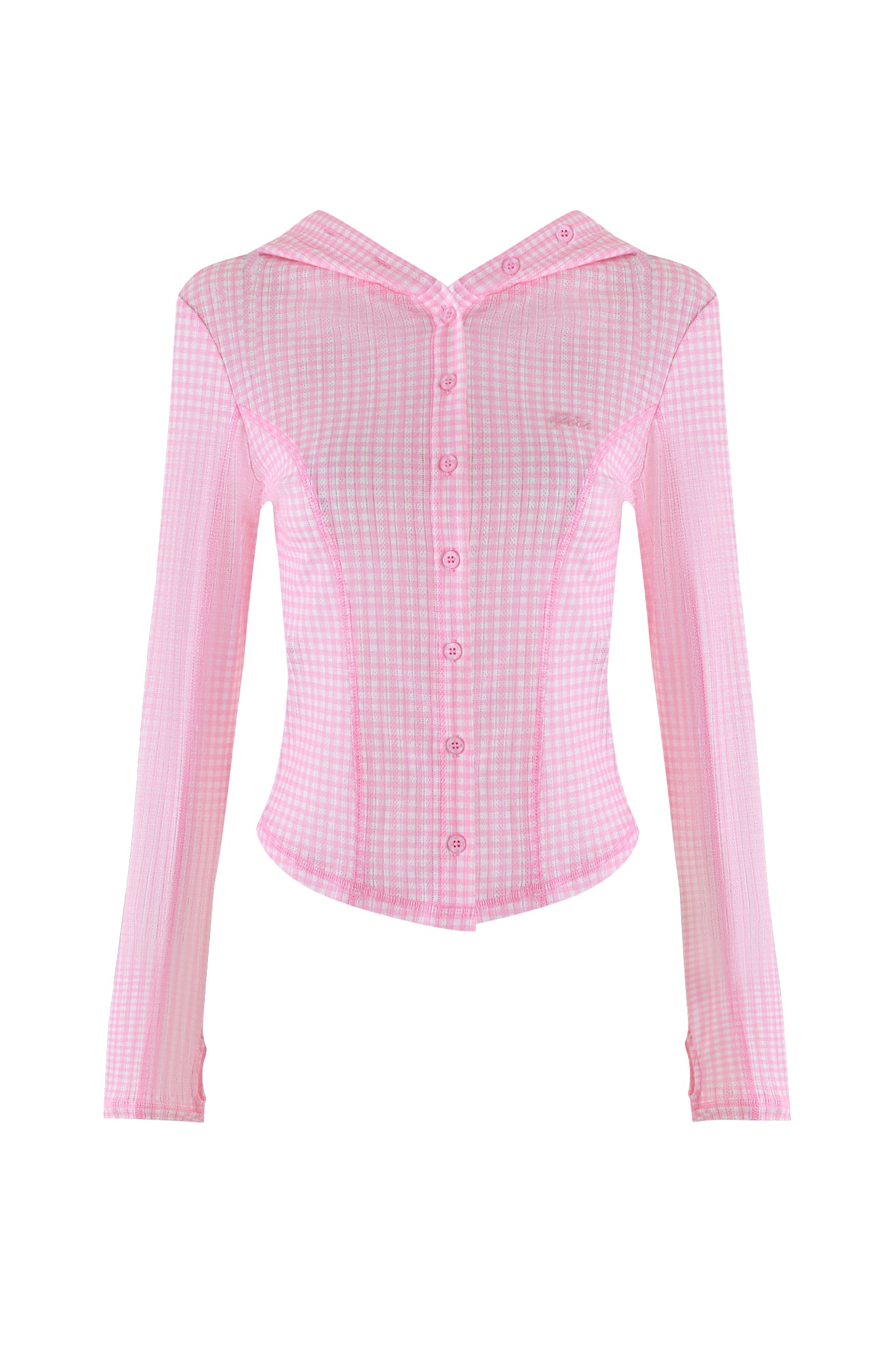 The MIA HOODIE - PINK by I.AM.GIA is a sheer, baby pink gingham blouse with long sleeves, a pointed collar, and front buttons. It features a bodycon silhouette for a fitted, lightweight look with its transparent fabric.