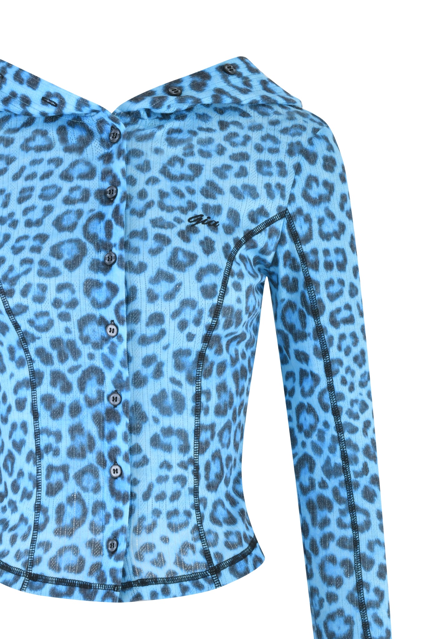 The MIA HOODIE by I.AM.GIA features a teal leopard print, fitted long sleeves, button-down front, and bold black seam stitching for a standout look.