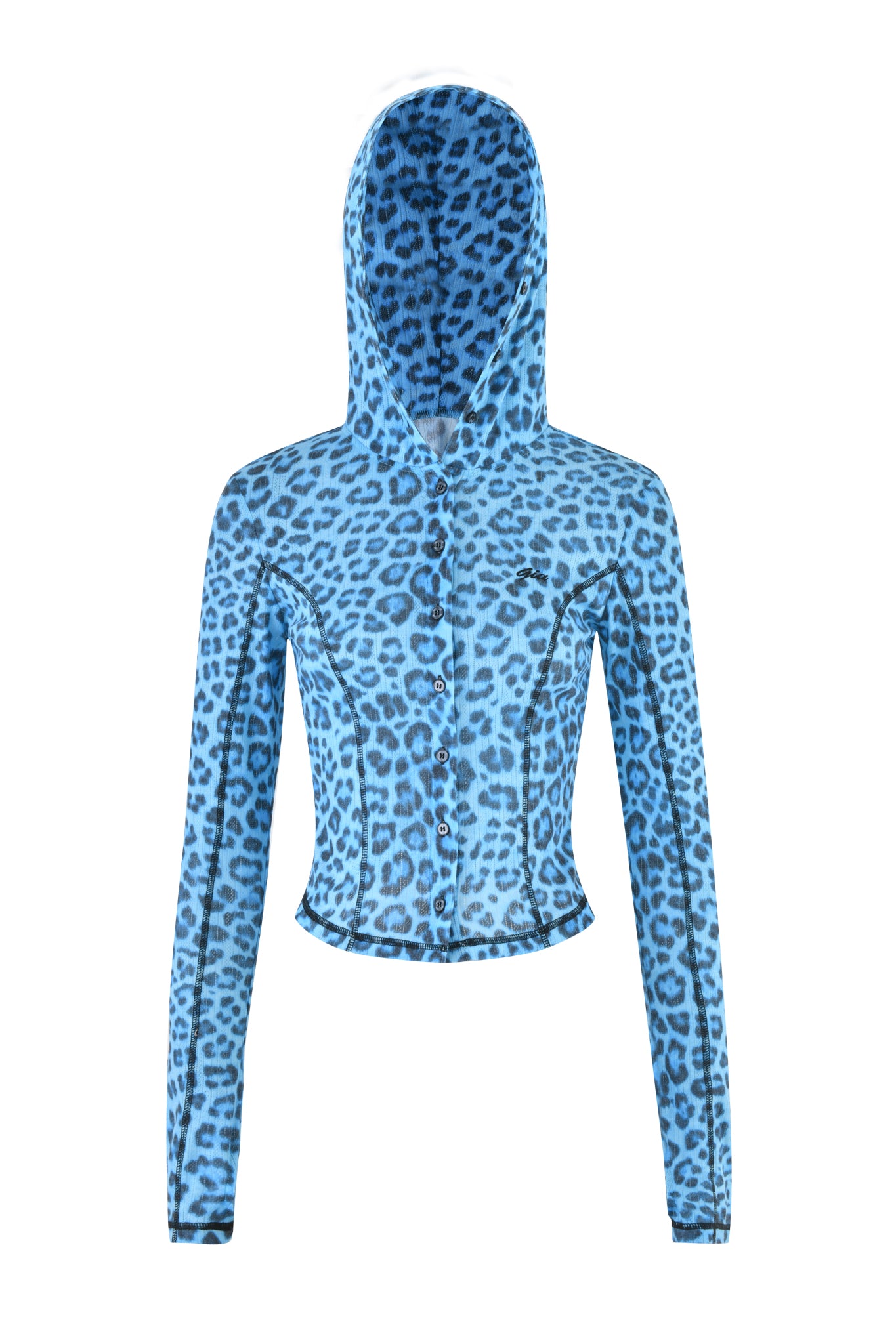 The MIA HOODIE - TEAL LEOPARD by I.AM.GIA features a fitted, long-sleeve design with a teal leopard print, button-down front, and pointed hem, shown on a plain white background.