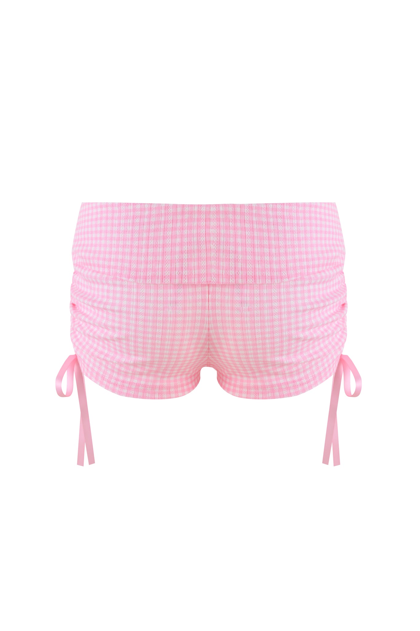 The I.AM.GIA MIA SHORT - PINK: PINK GINGHAM features baby pink gingham shorts with a ribbed waistband, side ruching, and decorative pink ribbon ties, offering a bodycon silhouette for a snug fit.