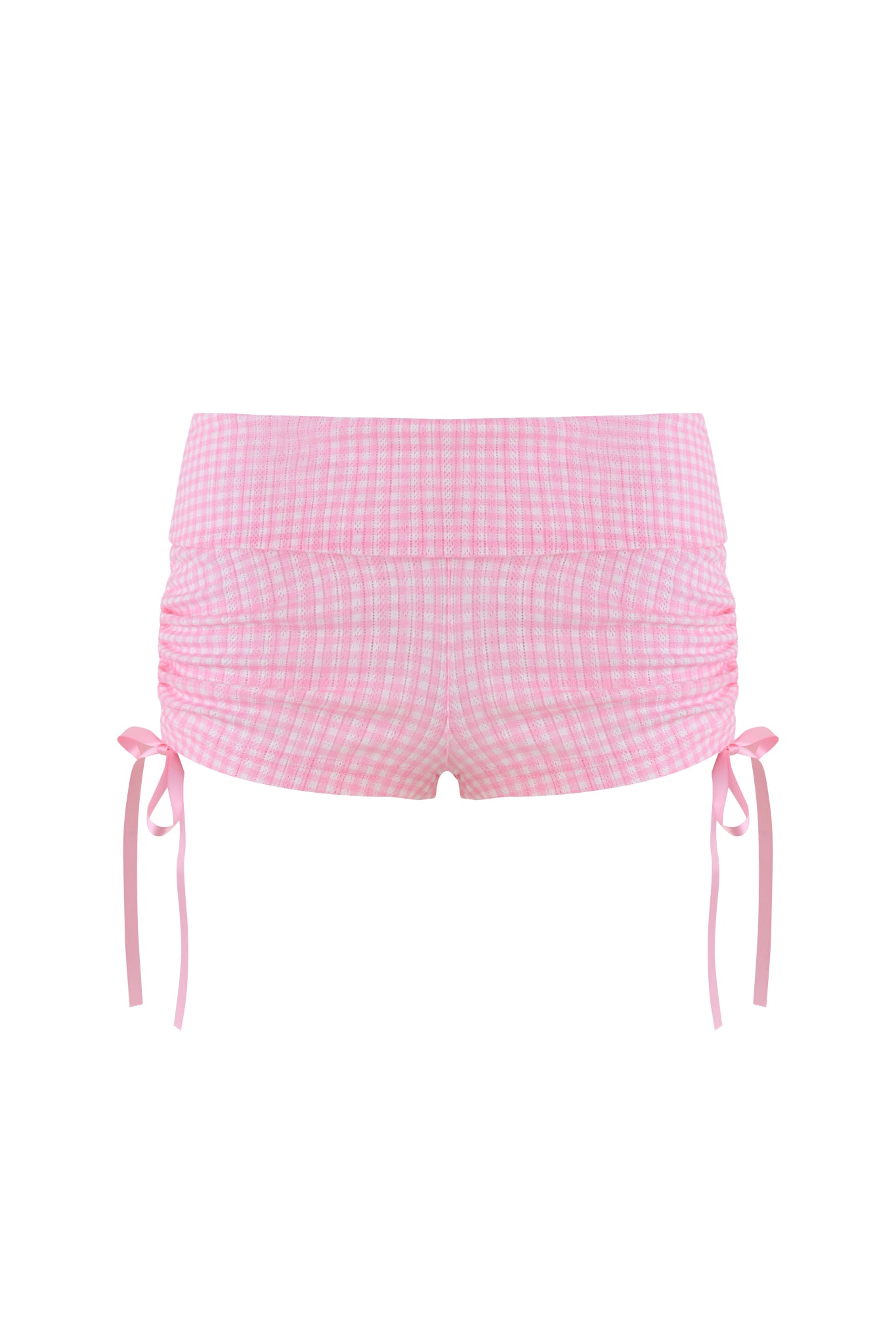 The I.AM.GIA MIA SHORT - PINK features a pink gingham design with ruched sides and tied ribbons.