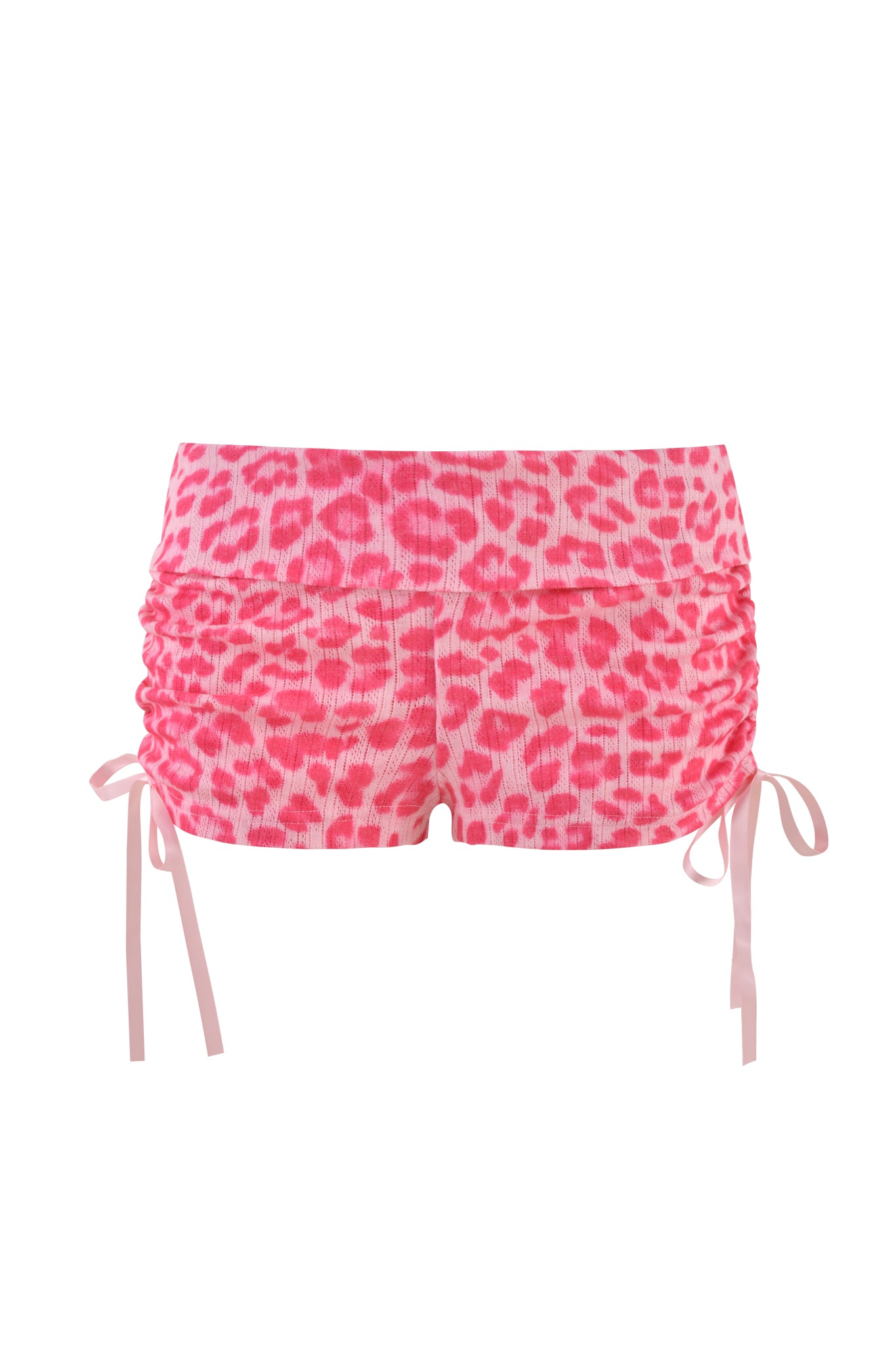 The MIA SHORT - PINK : PINK LEOPARD by I.AM.GIA showcases a vibrant pink leopard print with ruching details and side ties, accentuating its low-rise waist for a fashionable appearance.