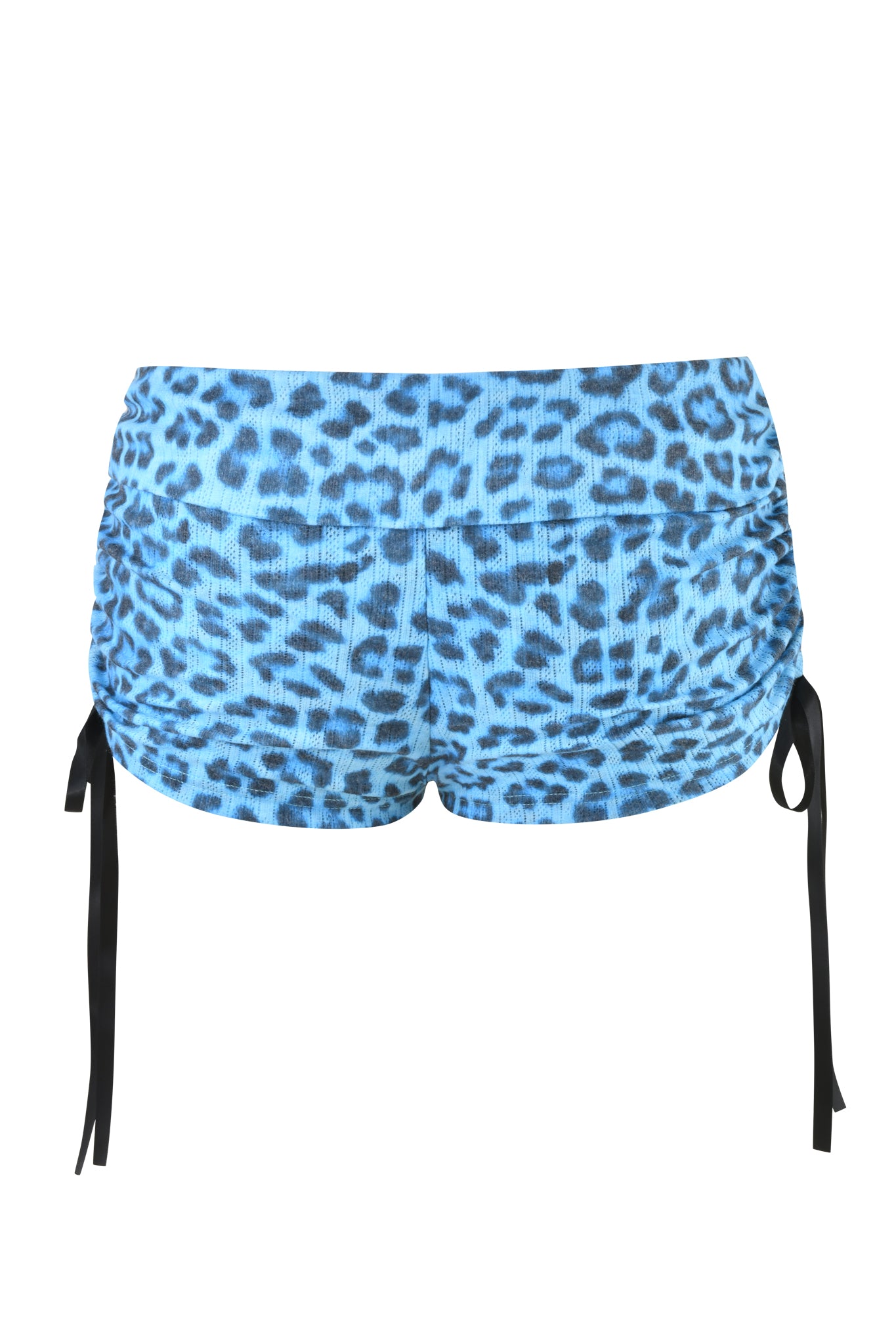 The I.AM.GIA MIA SHORT - TEAL LEOPARD features a bold teal leopard print, black side ties, ruched details, and textured fabric. These low-rise mini shorts are shown from the back against a white background.