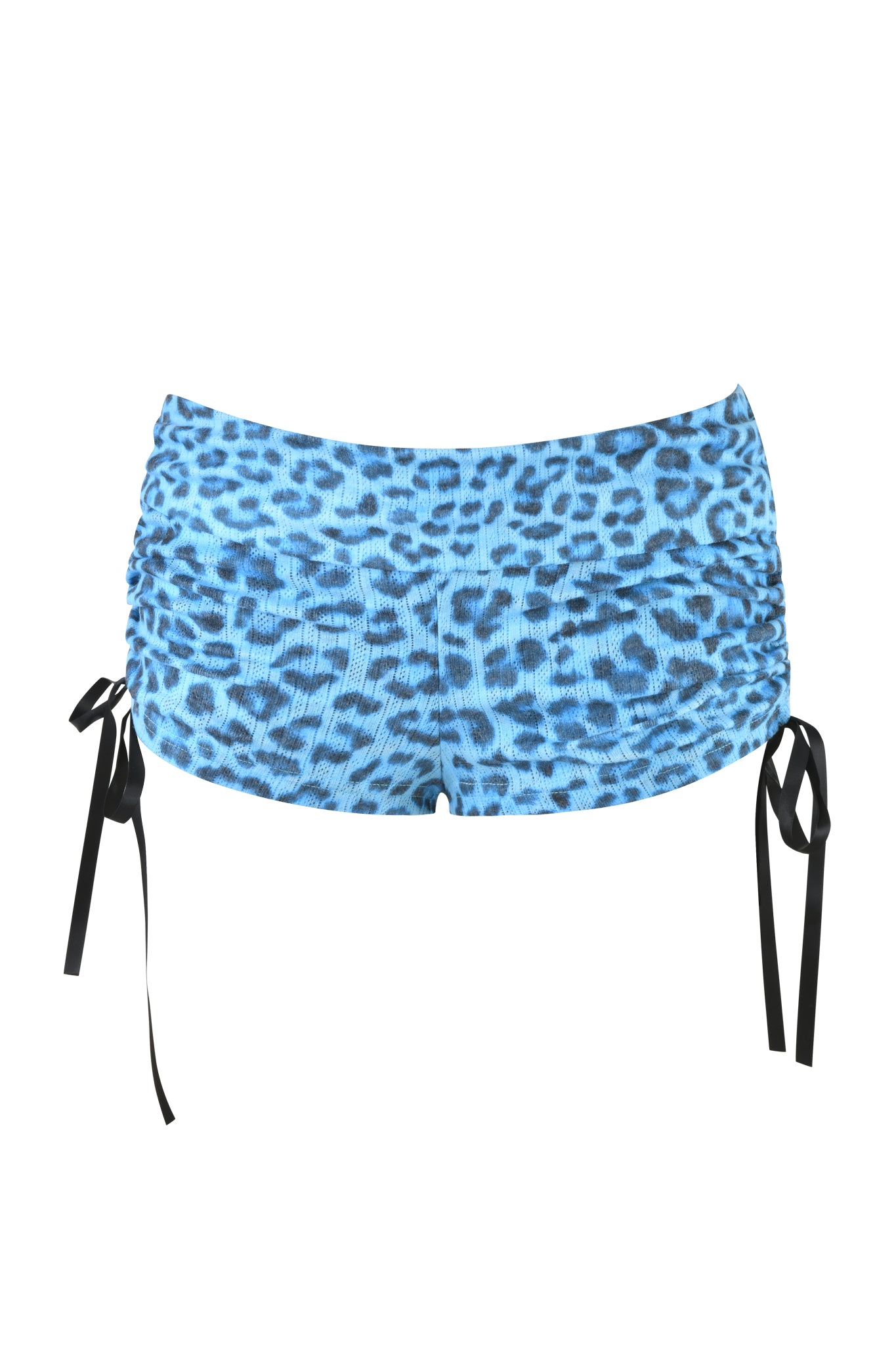 I.AM.GIA MIA SHORT - TEAL LEOPARD: Teal leopard print ruched low-rise mini shorts with black adjustable side ties, shown on a white background.