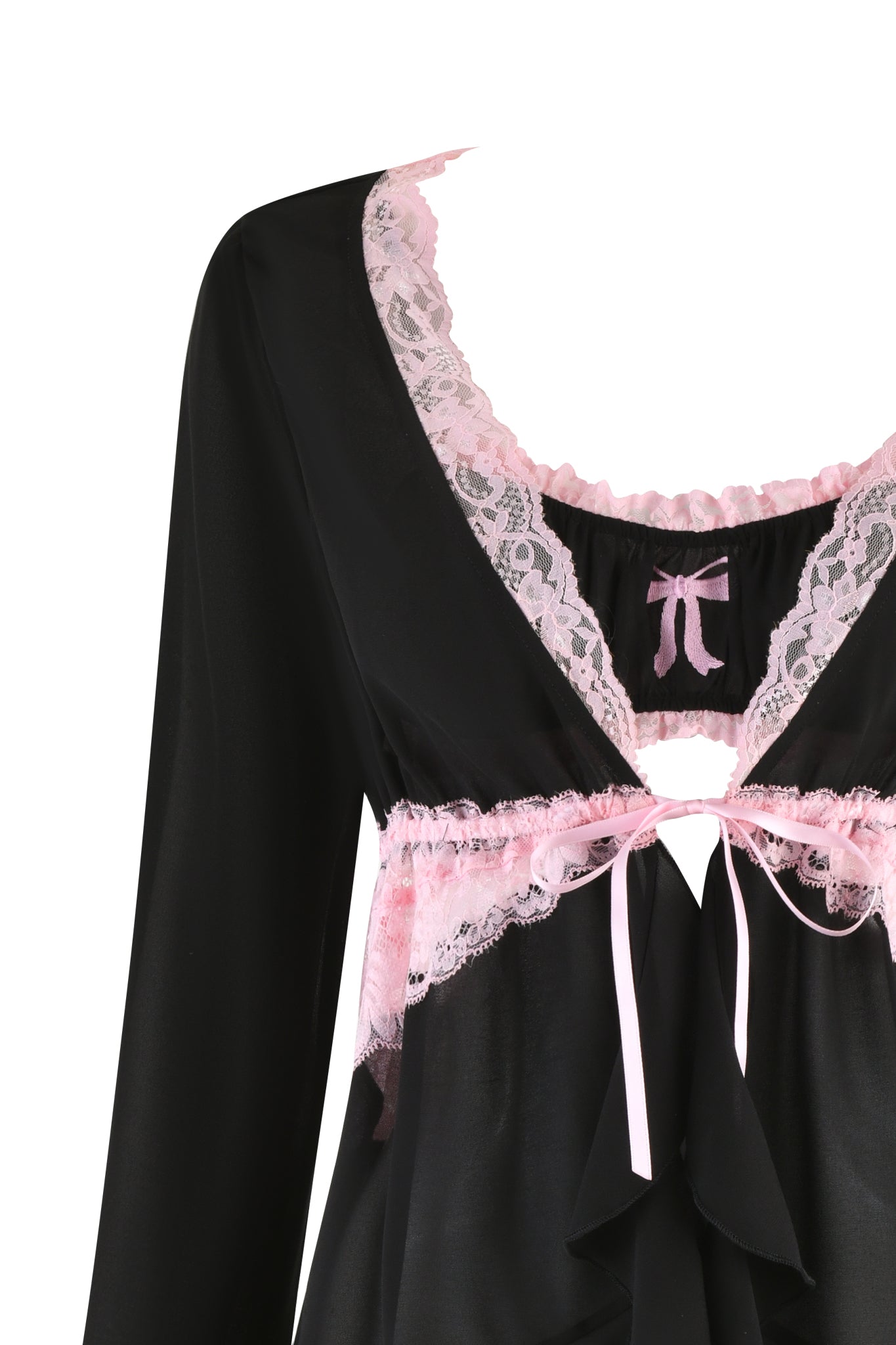 Introducing the elegant I.AM.GIA JUNIPER ROBE THREE-PIECE SET in Black. This satin nightgown features a striking contrast with pink lace trim along the neckline and bust, complete with a delicate pink bow at the center. Its pull-on design ensures ease, while long sleeves and a flowy silhouette enhance its sophistication.