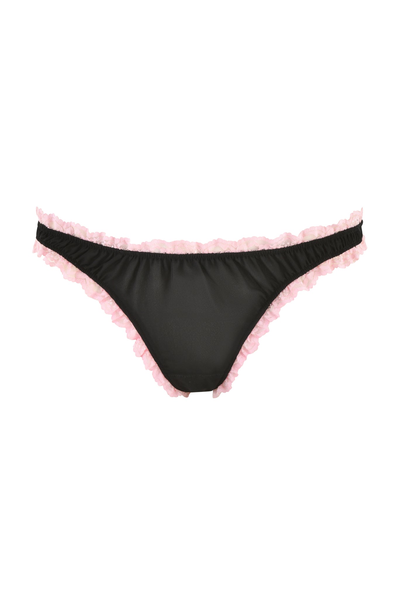 A part of the JUNIPER ROBE THREE-PIECE SET in black by I.AM.GIA, these bikini bottoms showcase a stylish pull-on construction with contrasting pink lace and delicate ruffled trim along the waistband and leg openings.
