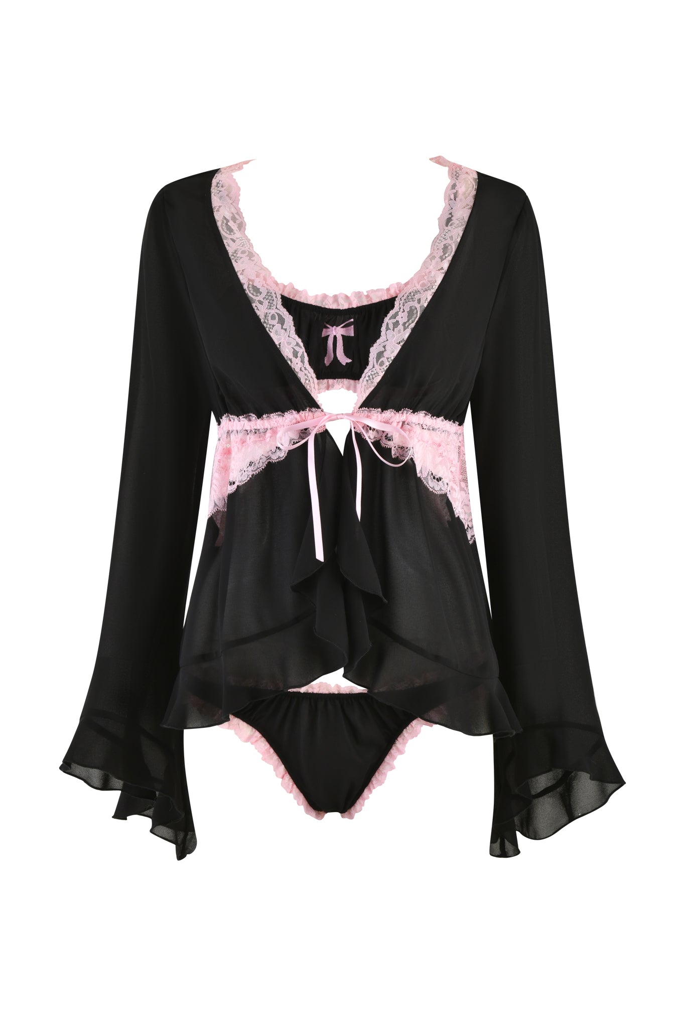 The JUNIPER ROBE THREE-PIECE SET - BLACK from I.AM.GIA features a black and pink contrast lace lingerie set with a tie-front closure and flared sleeves. This stunning ensemble also includes pull-on construction and matching underwear adorned with delicate lace accents.