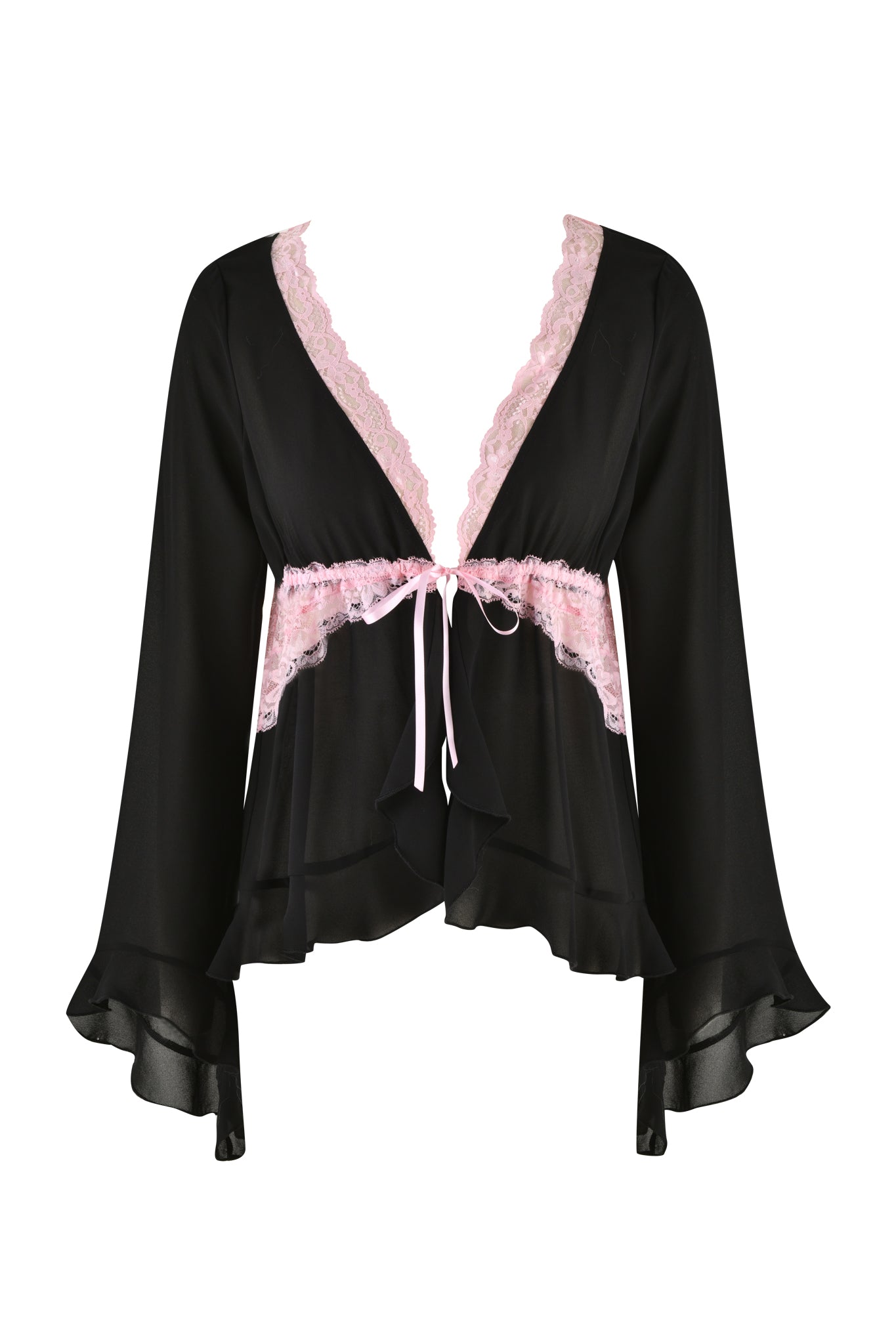 The JUNIPER ROBE THREE-PIECE SET - BLACK by I.AM.GIA features a black long-sleeved top with flared cuffs and a deep V-neckline, accentuated by contrast pink lace trim along the neckline and waist. It includes a pink ribbon tie at the center and ruffled hem for extra flair, all designed with pull-on construction for convenient wear.