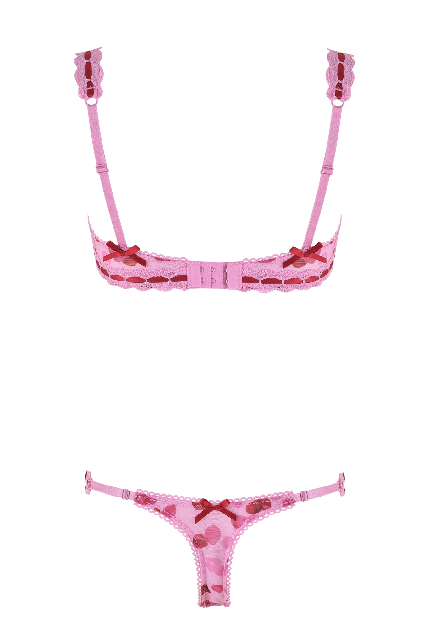 The GABRIELLA 2 PIECE SET - PINK by I.AM.GIA features a lace-trimmed underwire bra with adjustable straps and hooks, and panties adorned with a red polka dot pattern and small red bows, both boasting delicate lace detailing.