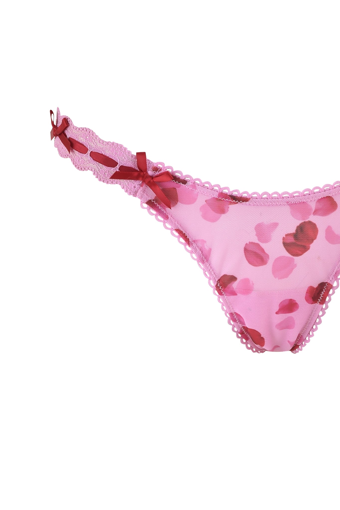 The GABRIELLA 2 PIECE SET - PINK: PRETTY PETAL by I.AM.GIA features pink lace underwear with red floral patterns, delicate lace trim, and charming red bows on the sides.