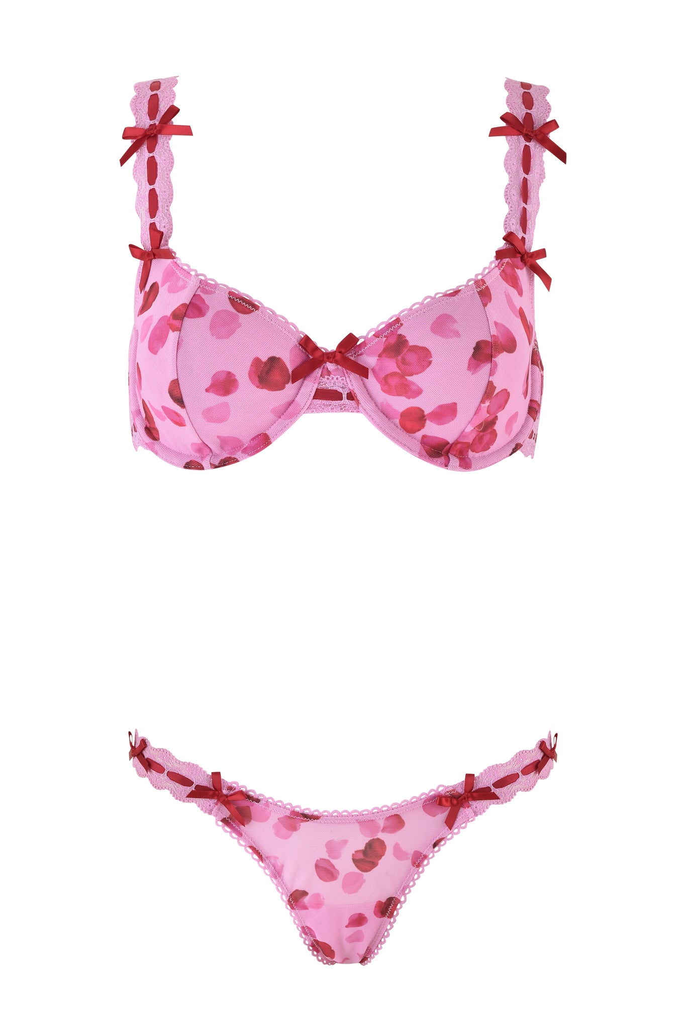 The GABRIELLA 2 PIECE SET - PINK: PRETTY PETAL by I.AM.GIA includes a floral underwire bra with adjustable straps, red bow accents, and lace trim. The matching panties also feature bows and delicate lace, creating a playful yet feminine design to add elegance.
