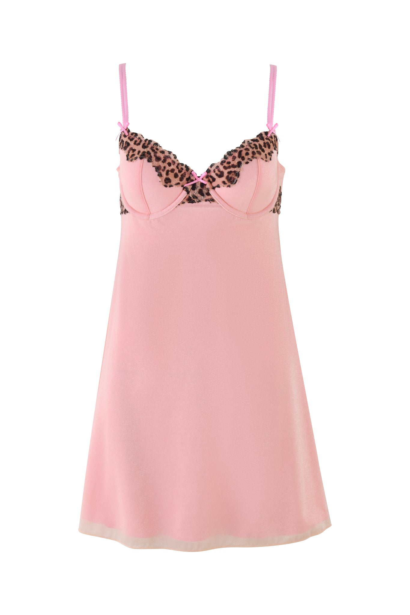 The AMARI SLIP DRESS - PINK : LEOPARD by I.AM.GIA combines elegance and wild charm with leopard printed lace on the cups and adjustable spaghetti straps.