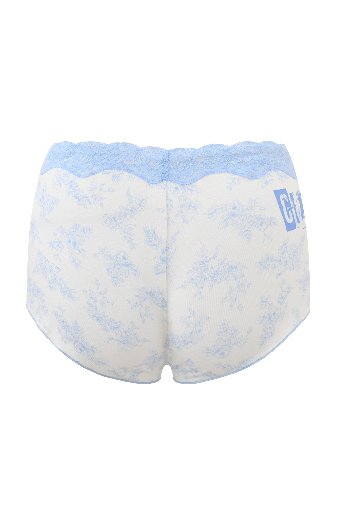 The CASSIA SHORT - BLUE TOILE by I.AM.GIA is a women’s underwear featuring a light blue toile floral print, blue lace waistband trim, and a “GF” logo on the side, shown against a plain light background.