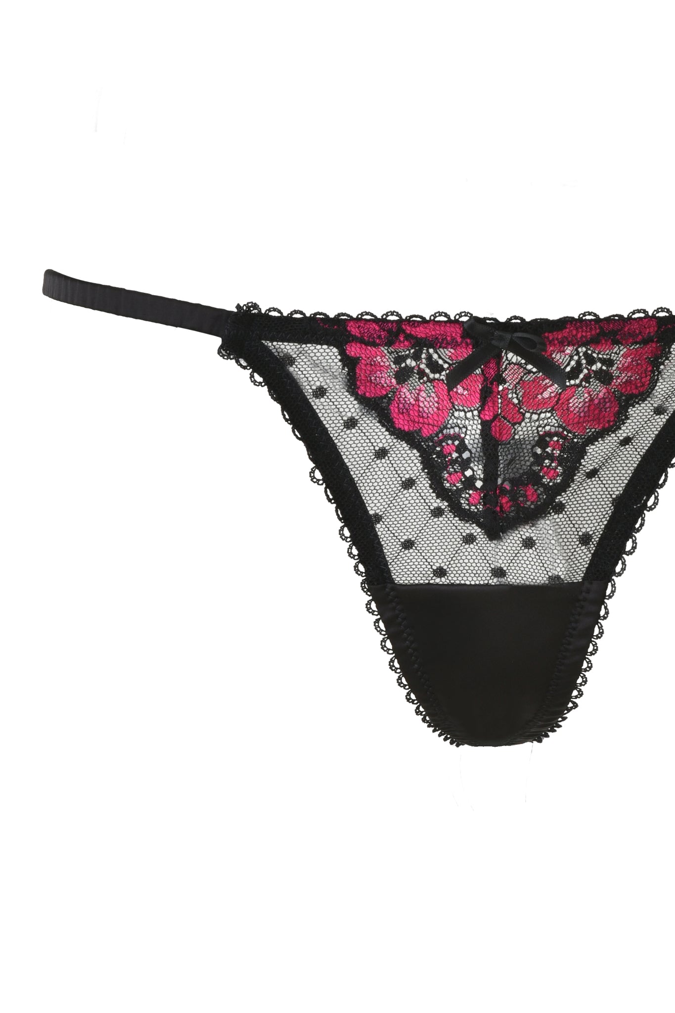 A black thong featuring pink floral embroidery, a delicate front bow, intricate sheer mesh lace patterns, and a narrow waistband complements the AMBROSE BUSTIER SET by I.AM.GIA. Perfect for pairing with a vintage cami set.