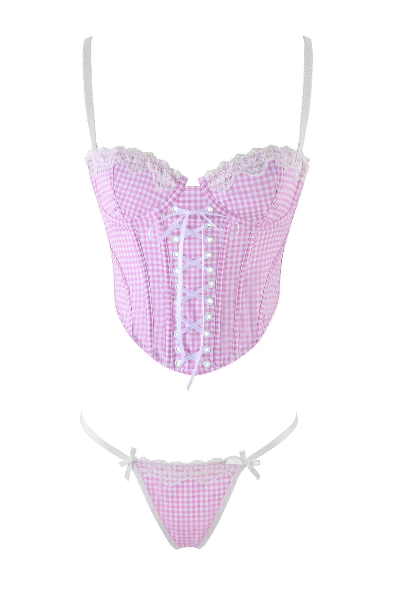 The JENNY 2.0 BUSTIER SET in pink gingham by I.AM.GIA is a playful and feminine lingerie set featuring a corset-style top with white lace trim and ribbon lacing, paired with a matching thong.
