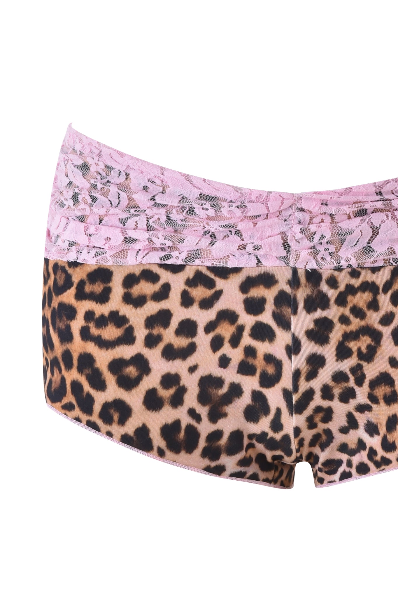 The KENDRA SHORT from I.AM.GIA features a neutral leopard print design with a low-rise waist and elegant lace waistband.